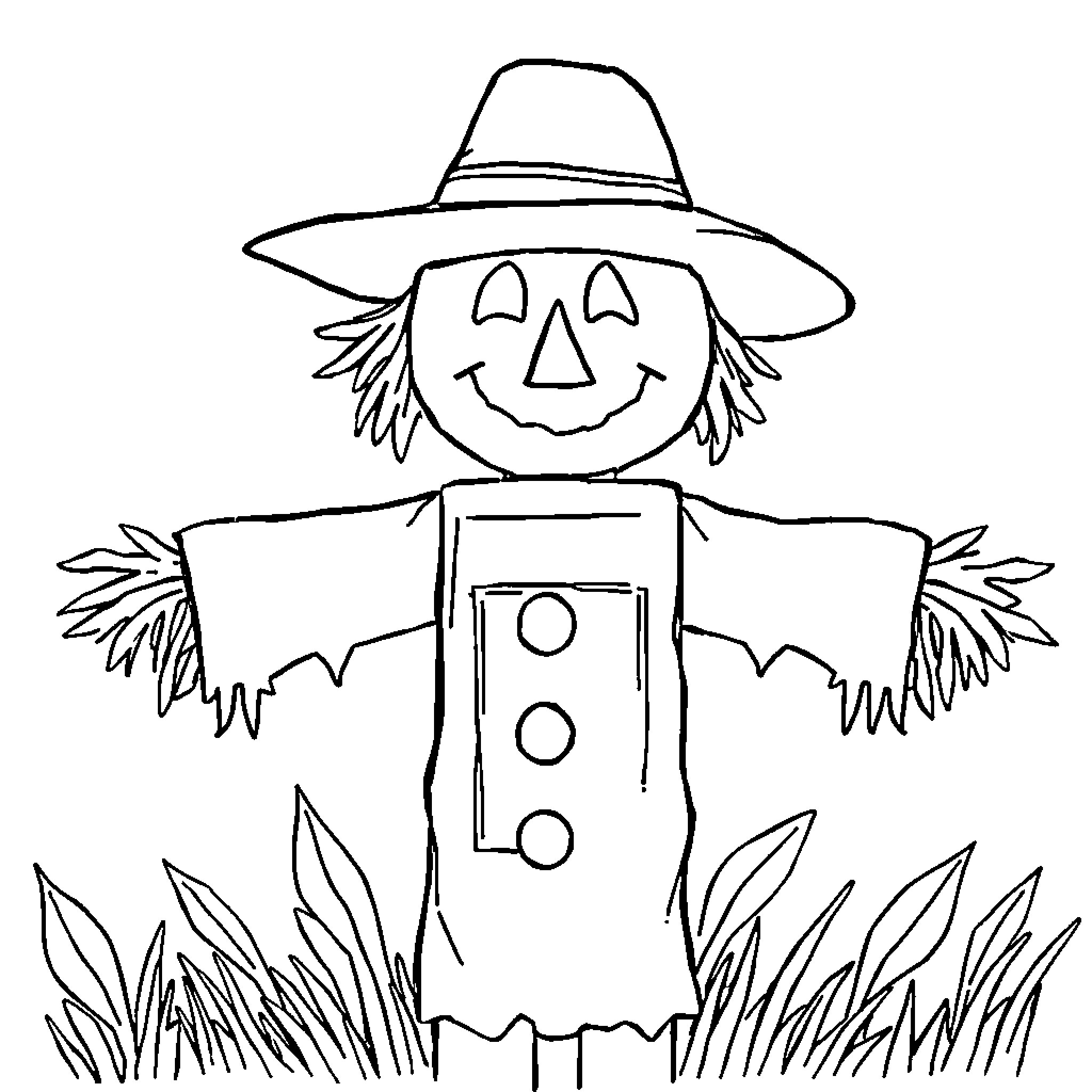Scarecrow in the field with a jolly expression Coloring Page (free black-and-white line drawing printable PDF for all, from beginners to advanced learners, including children, teens, adults, and seniors)