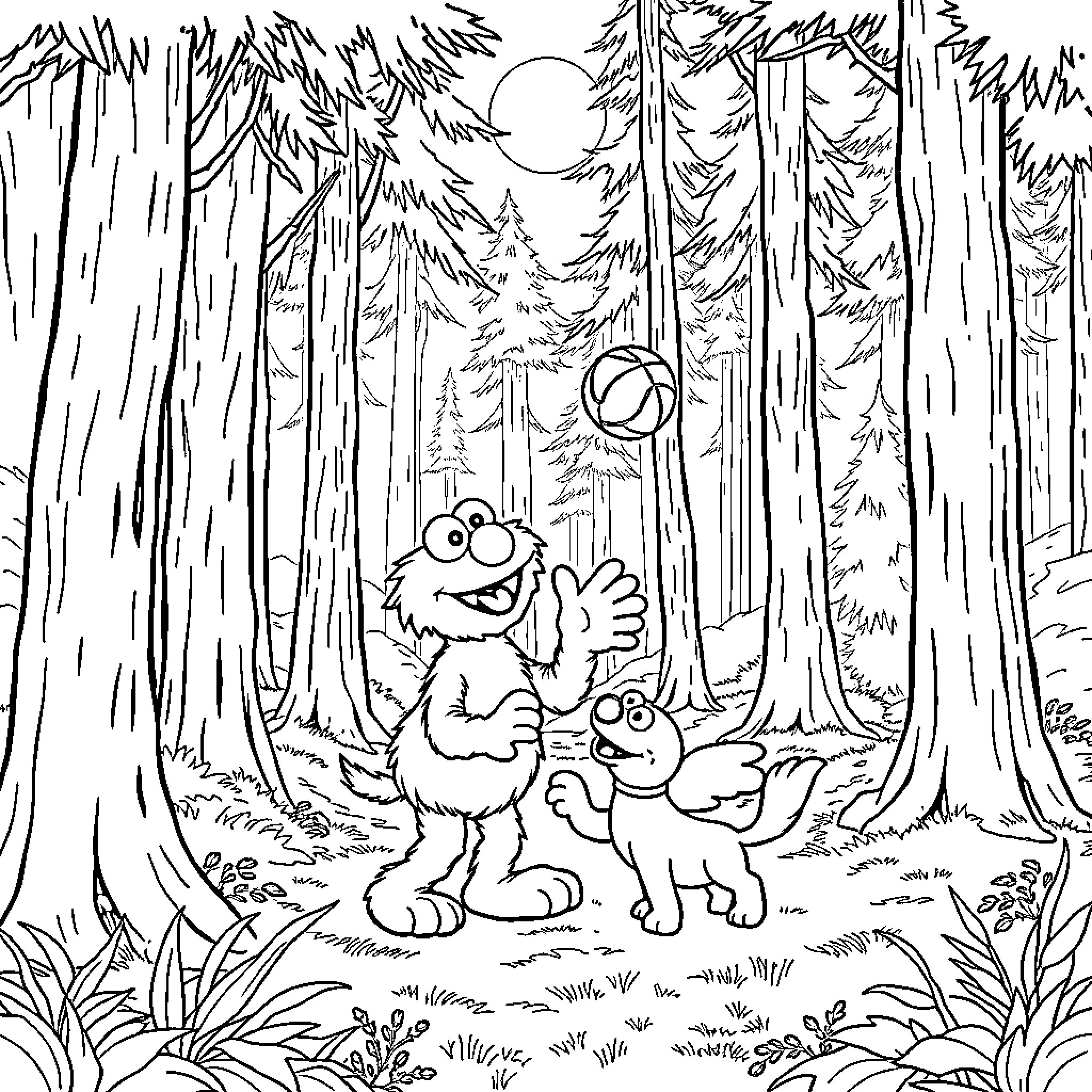 Elmo and Puppy Explore the Enchanted Forest Coloring Page (free black-and-white line drawing printable PDF for all, from beginners to advanced learners, including children, teens, adults, and seniors)