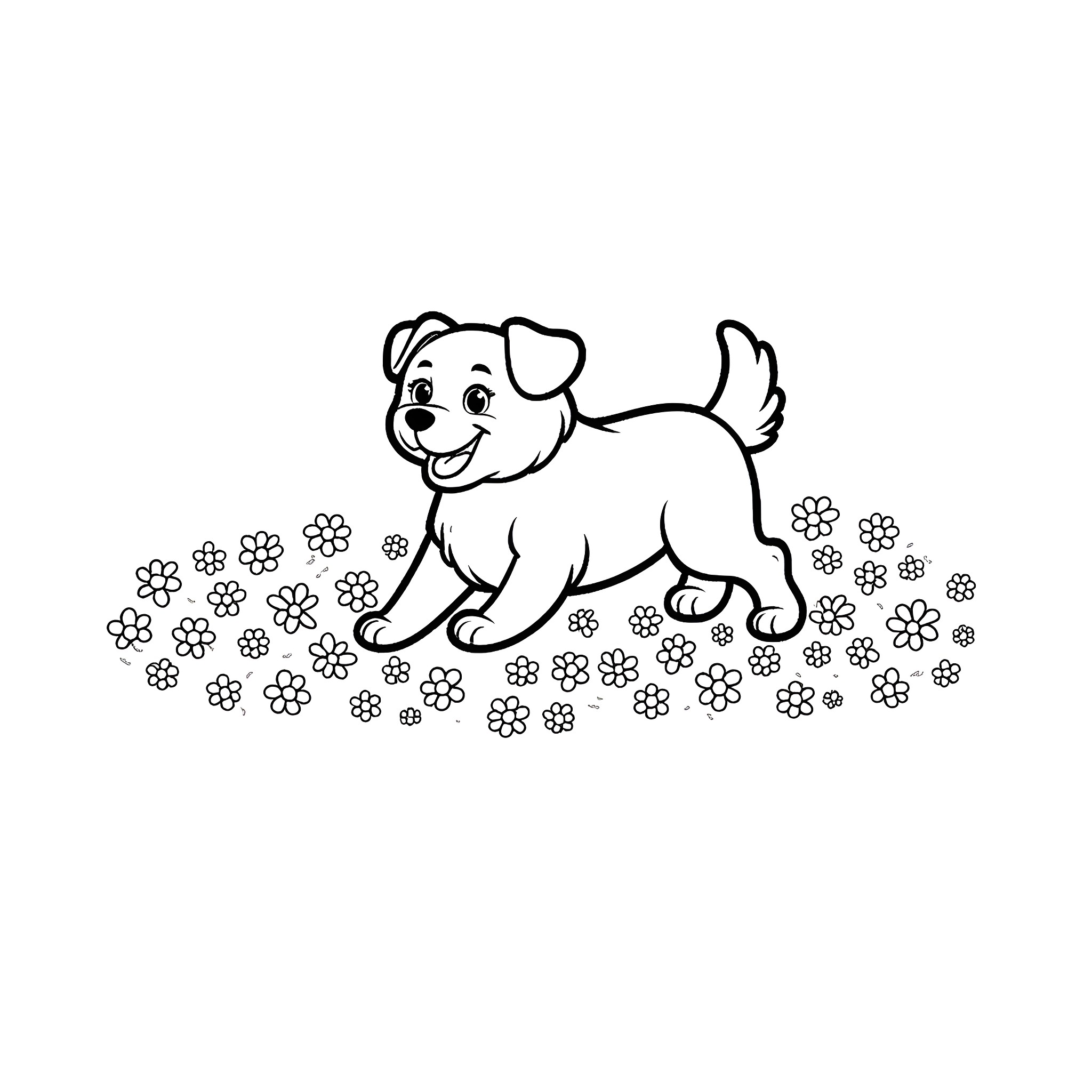 Dog playfully frolicking through flowers Coloring Page (free black-and-white line drawing printable PDF for all, from beginners to advanced learners, including children, teens, adults, and seniors)