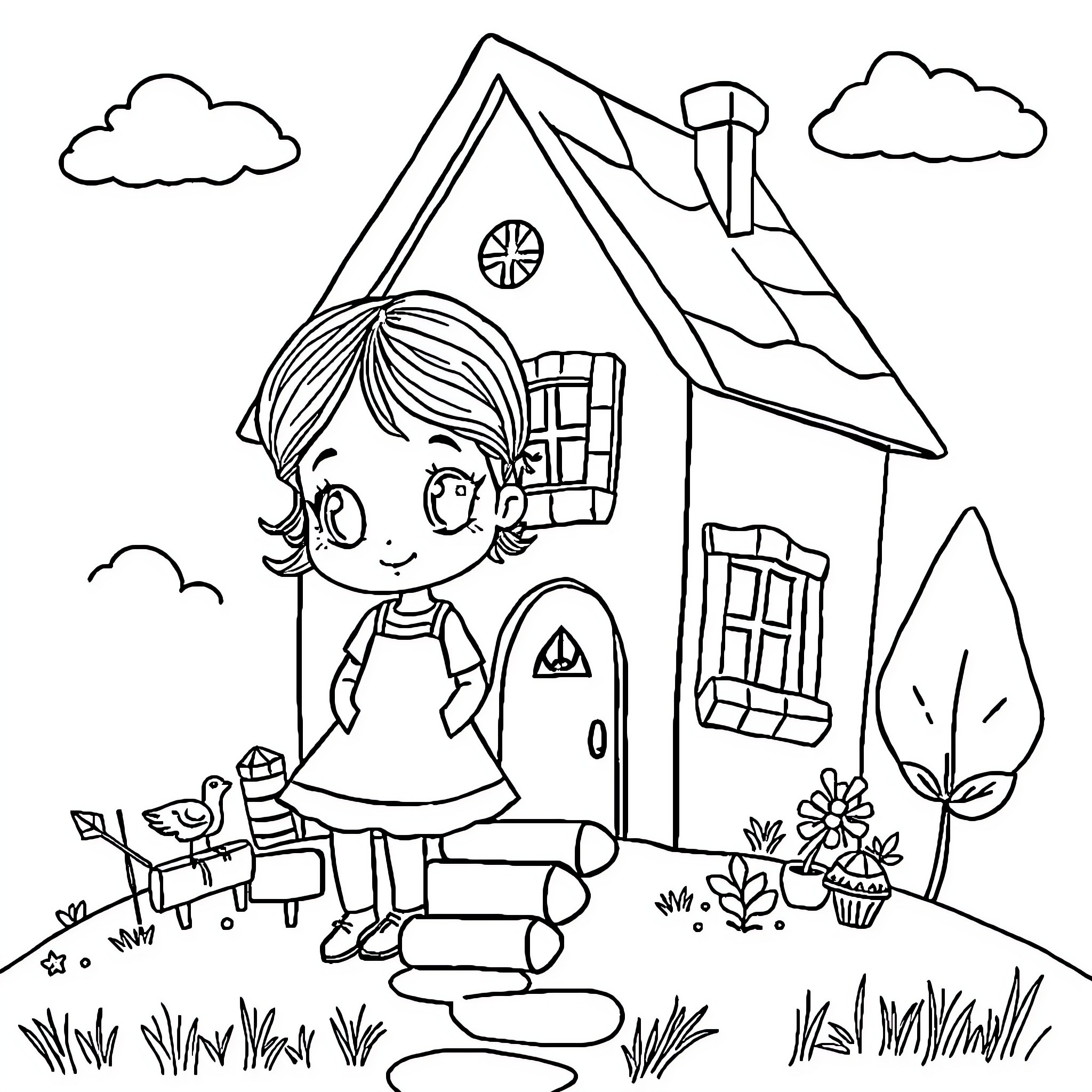 Kledia's Cozy Cottage Adventure Coloring Page (free black-and-white line drawing printable PDF for all, from beginners to advanced learners, including children, teens, adults, and seniors)