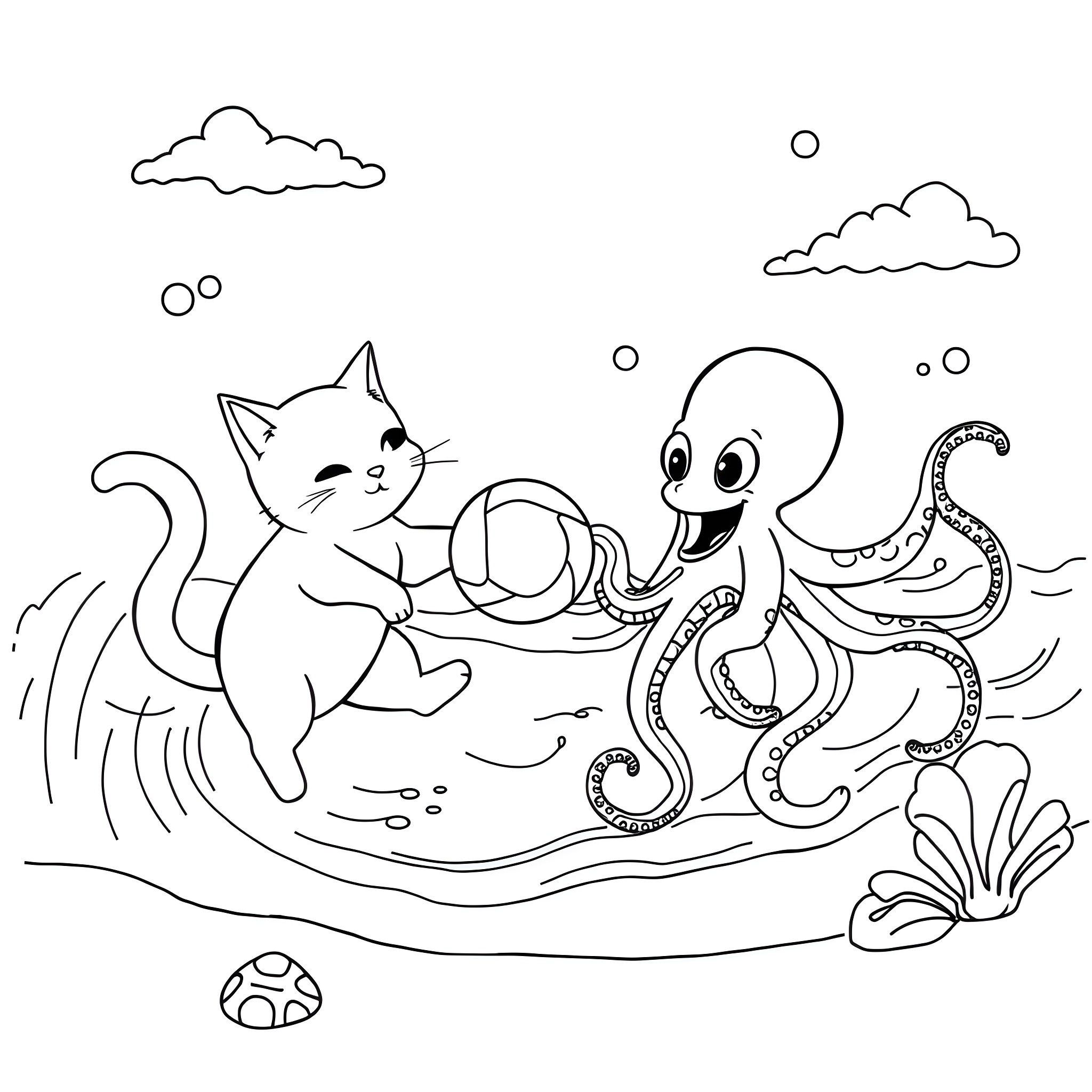 Cat playing with a friendly octopus by the sea Coloring Page (free black-and-white line drawing printable PDF for all, from beginners to advanced learners, including children, teens, adults, and seniors)
