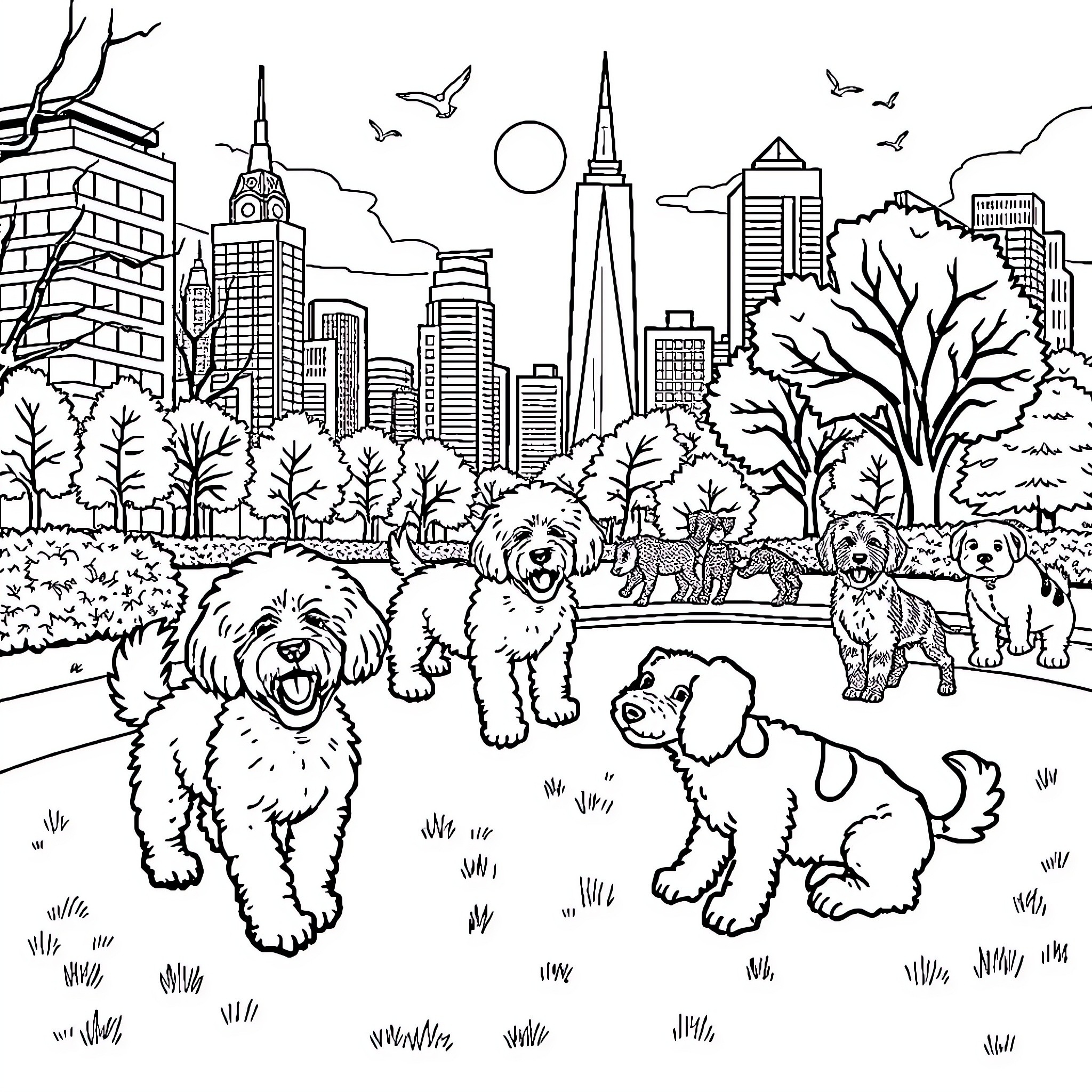 Dog Playing in the City Park Coloring Page (free black-and-white line drawing printable PDF for all, from beginners to advanced learners, including children, teens, adults, and seniors)