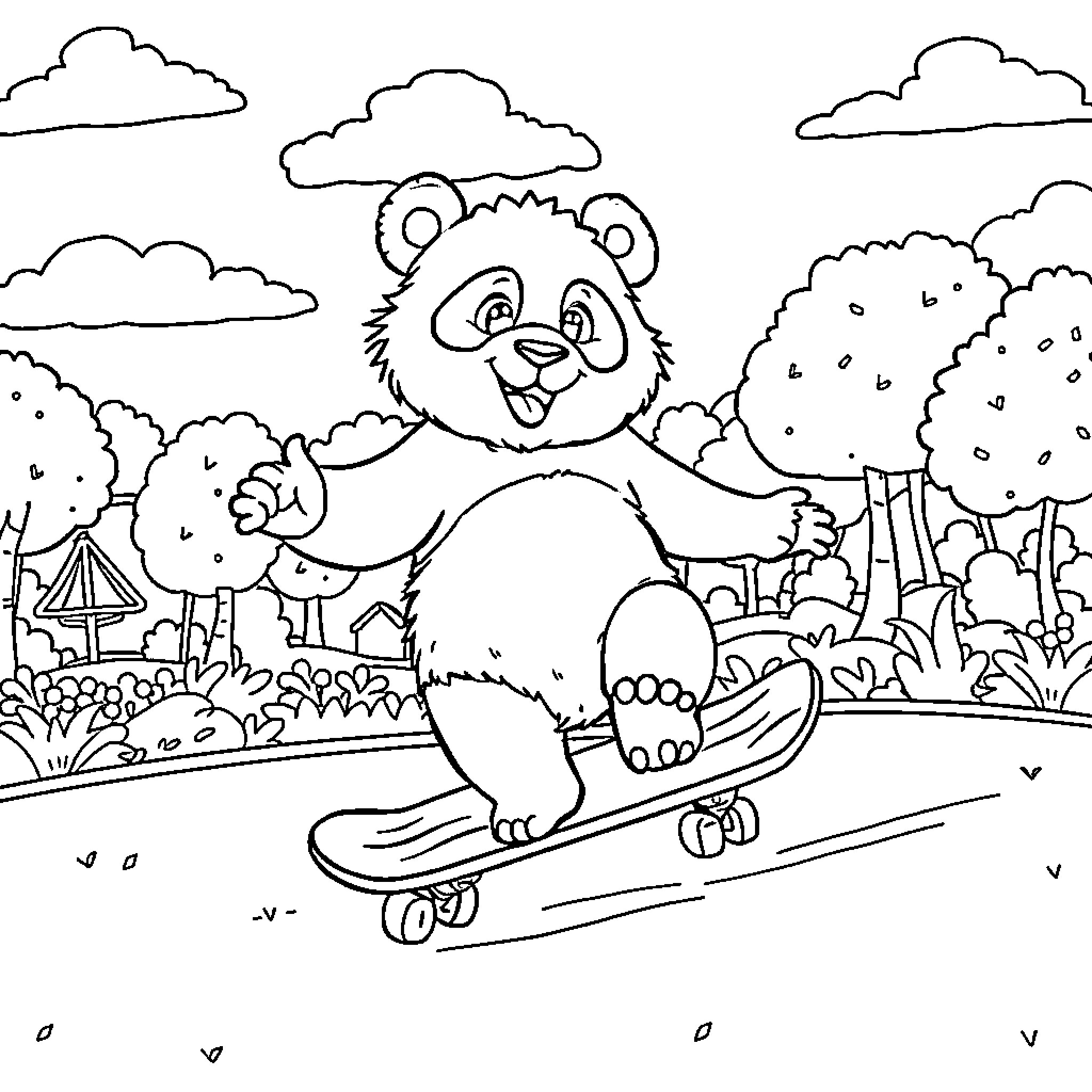 Panda bear playing on a skateboard in the park Coloring Page (free black-and-white line drawing printable PDF for all, from beginners to advanced learners, including children, teens, adults, and seniors)