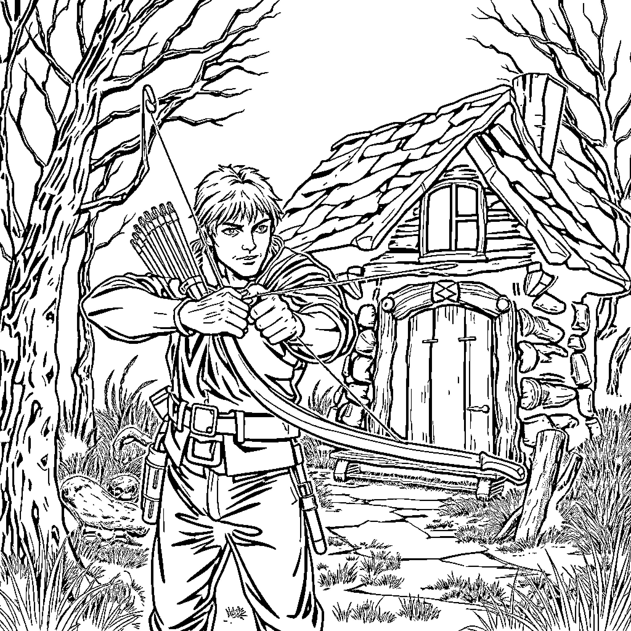 Archer standing with bow and arrow in a forest scene Coloring Page (free black-and-white line drawing printable PDF for all, from beginners to advanced learners, including children, teens, adults, and seniors)