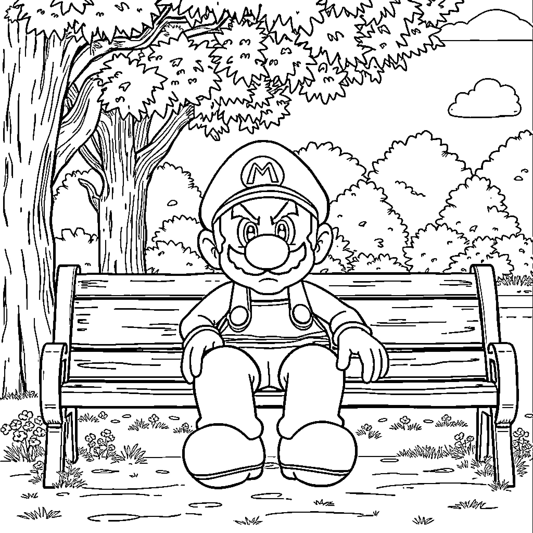 Mario relaxing on a bench in the park Coloring Page (free black-and-white line drawing printable PDF for all, from beginners to advanced learners, including children, teens, adults, and seniors)