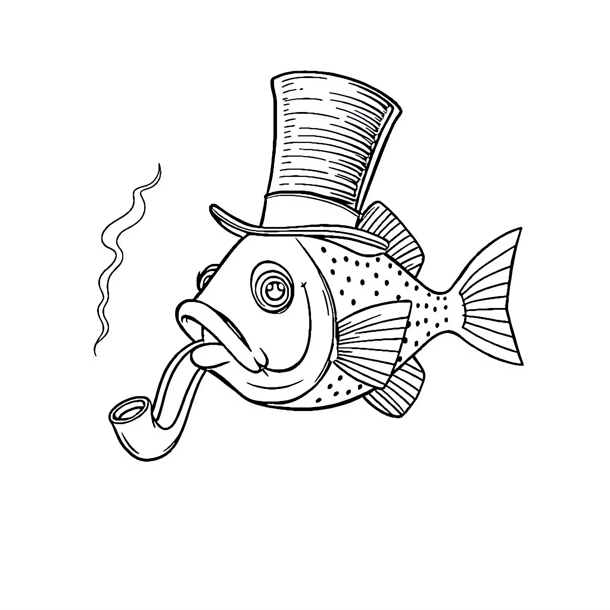 Fish Smoking a Pipe in a Top Hat Coloring Page (free black-and-white line drawing printable PDF for all, from beginners to advanced learners, including children, teens, adults, and seniors)