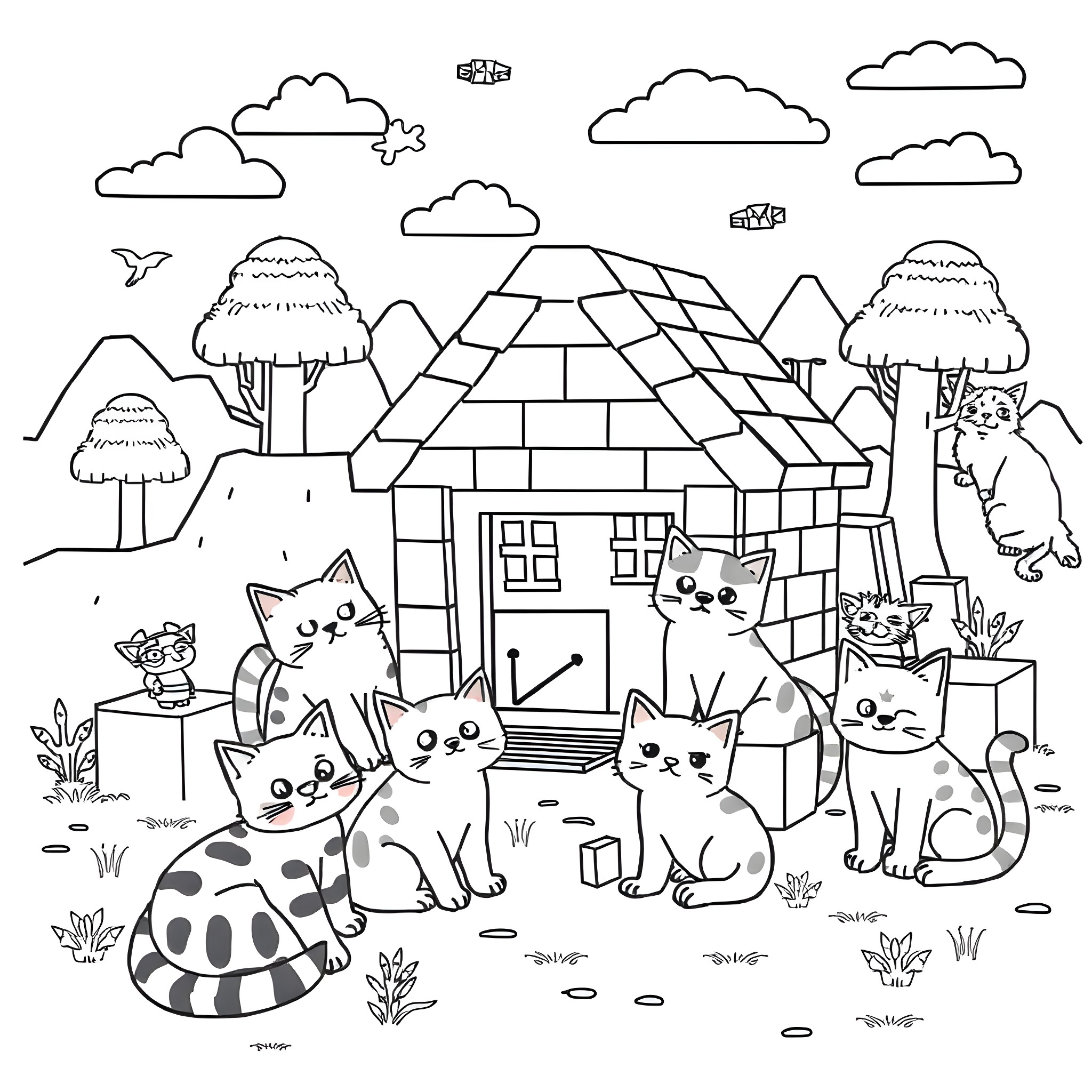 Cats playing in a peaceful countryside scene Coloring Page (free black-and-white line drawing printable PDF for all, from beginners to advanced learners, including children, teens, adults, and seniors)