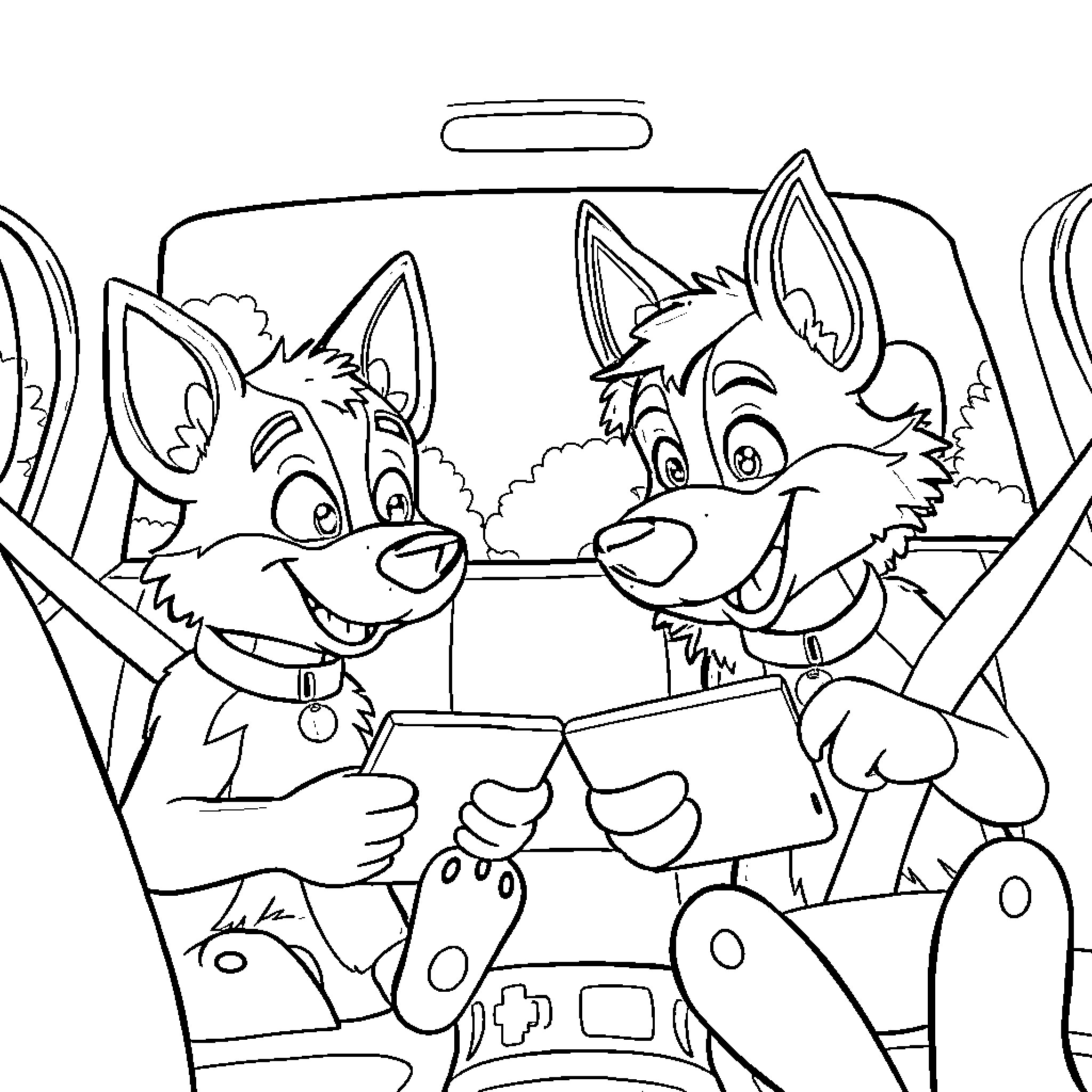 Bluey and Bingo sharing an adventure in the car Coloring Page (free black-and-white line drawing printable PDF for all, from beginners to advanced learners, including children, teens, adults, and seniors)