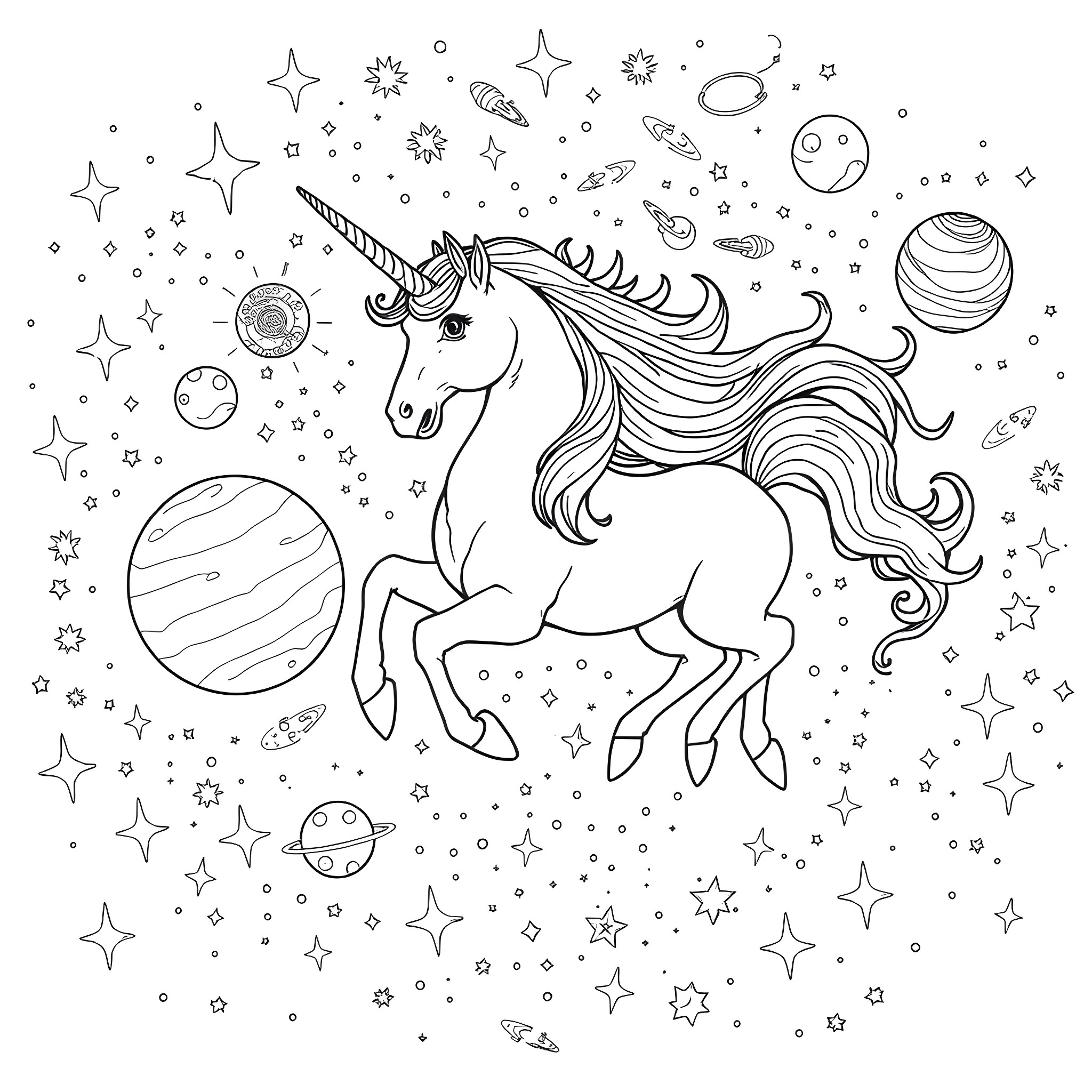 Unicorn galloping through a magical cosmic landscape Coloring Page (free black-and-white line drawing printable PDF for all, from beginners to advanced learners, including children, teens, adults, and seniors)