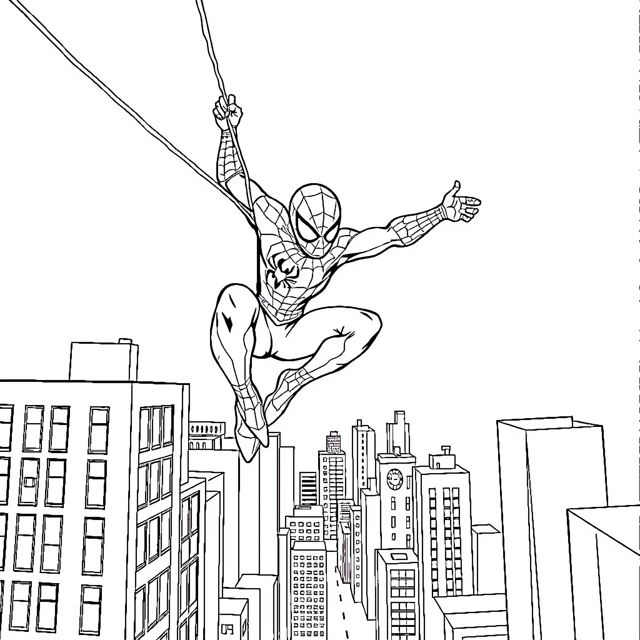 Spiderman swinging through the city skyline Coloring Page (free black-and-white line drawing printable PDF for all, from beginners to advanced learners, including children, teens, adults, and seniors)