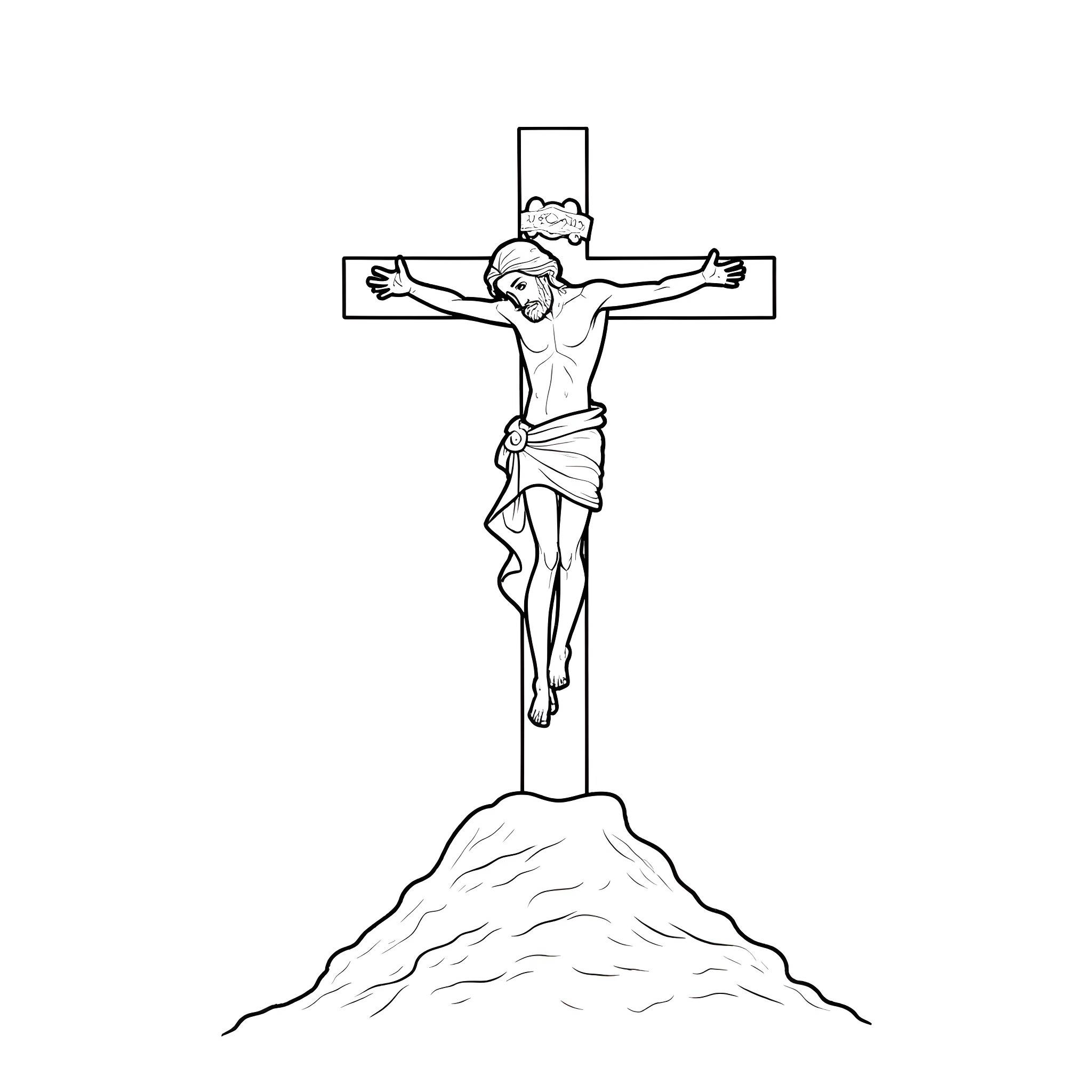 Jesus crucified on the cross Coloring Page (free black-and-white line drawing printable PDF for all, from beginners to advanced learners, including children, teens, adults, and seniors)