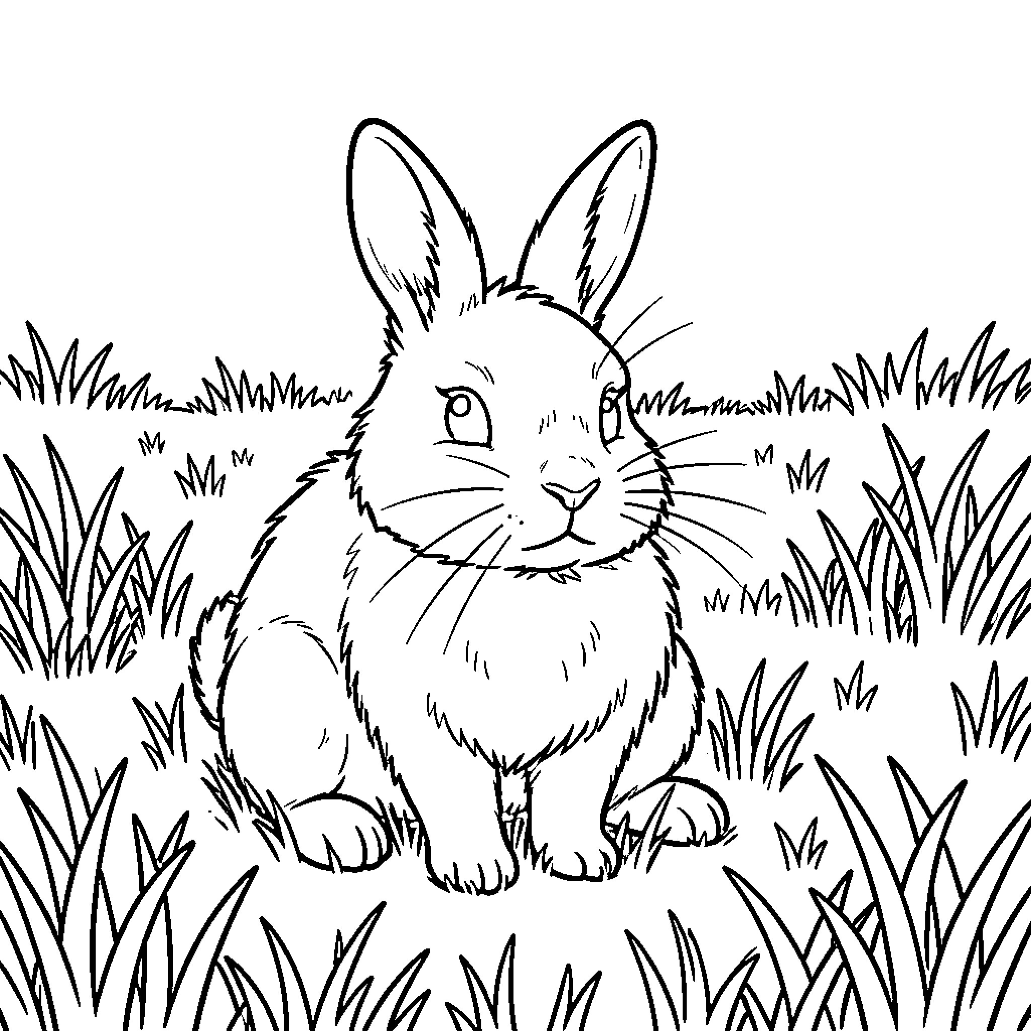 Rabbit sitting calmly amidst tall blades of grass Coloring Page (free black-and-white line drawing printable PDF for all, from beginners to advanced learners, including children, teens, adults, and seniors)