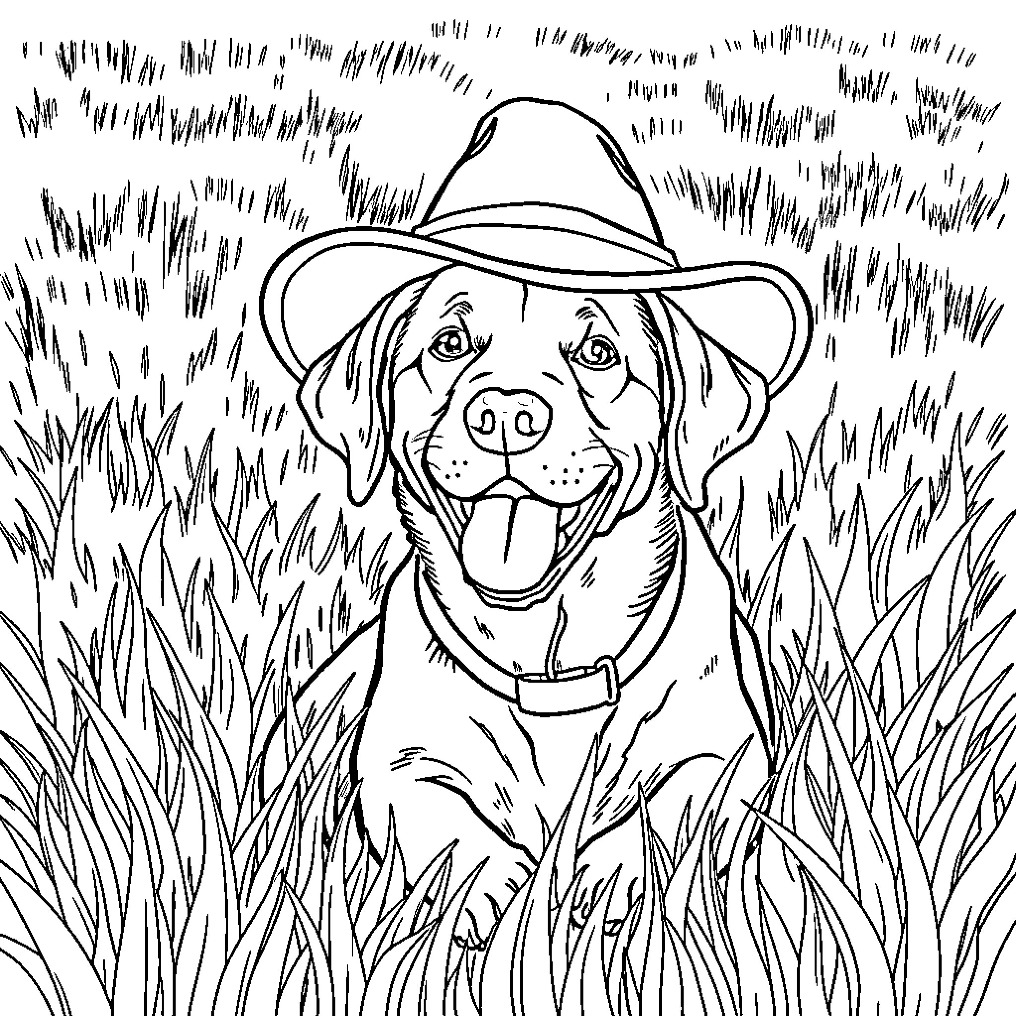 Labrador enjoying the outdoors in a grassy field Coloring Page (free black-and-white line drawing printable PDF for all, from beginners to advanced learners, including children, teens, adults, and seniors)