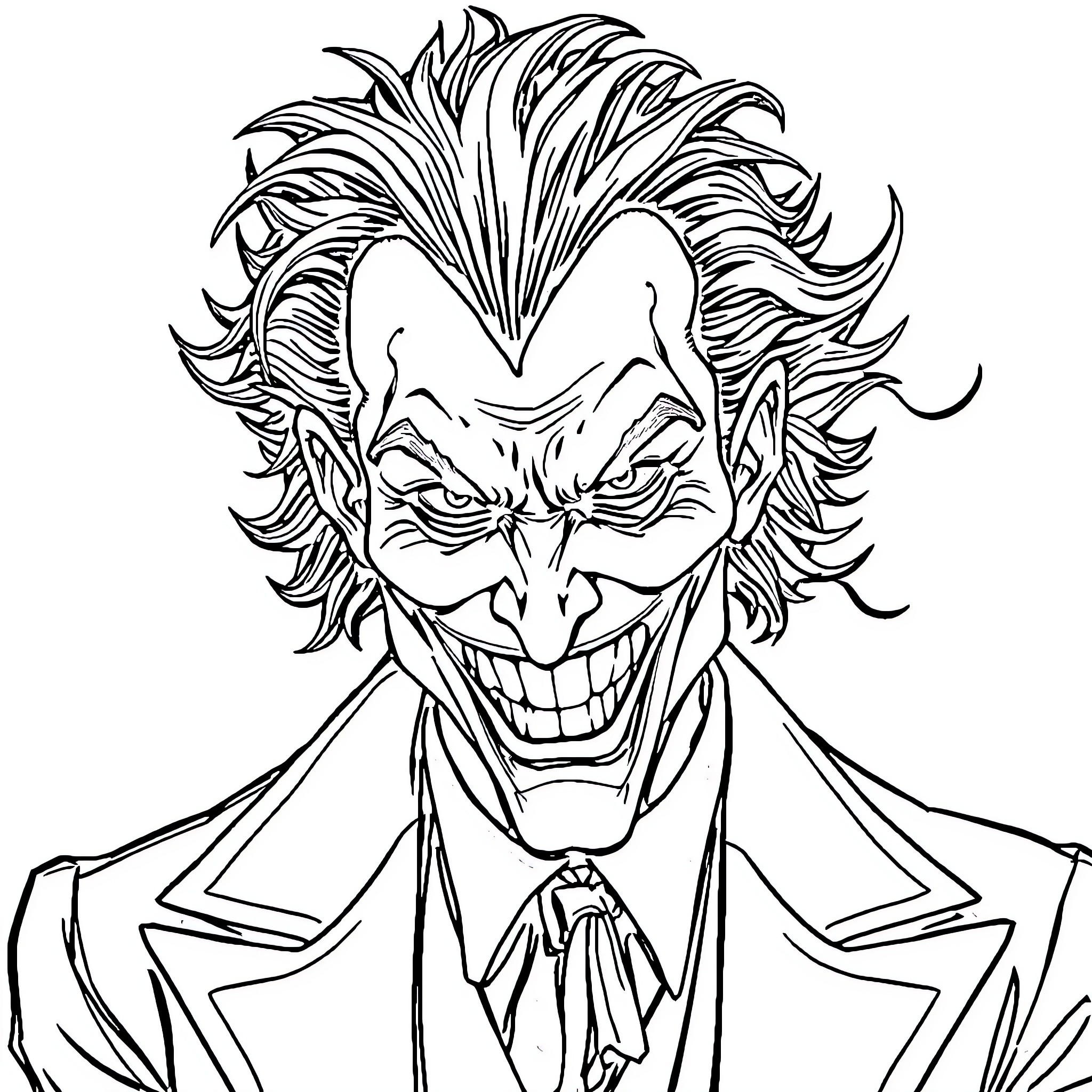 Joker's Mischievous Grin and Eccentric Appearance Coloring Page (free black-and-white line drawing printable PDF for all, from beginners to advanced learners, including children, teens, adults, and seniors)