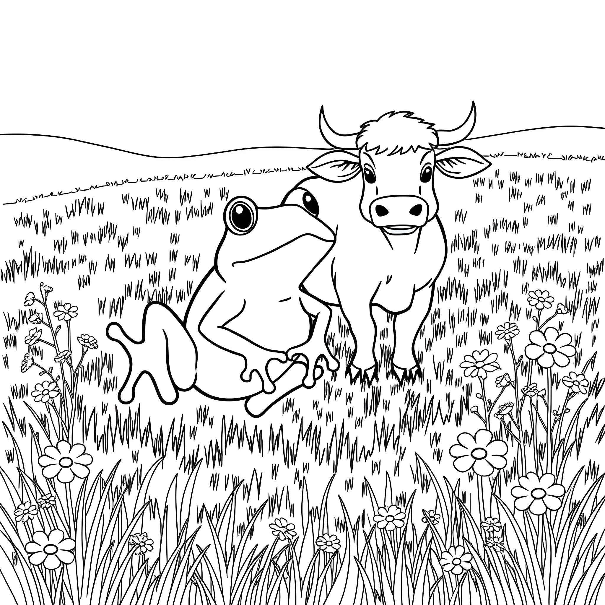 Frog and cow in a lush meadow Coloring Page (free black-and-white line drawing printable PDF for all, from beginners to advanced learners, including children, teens, adults, and seniors)