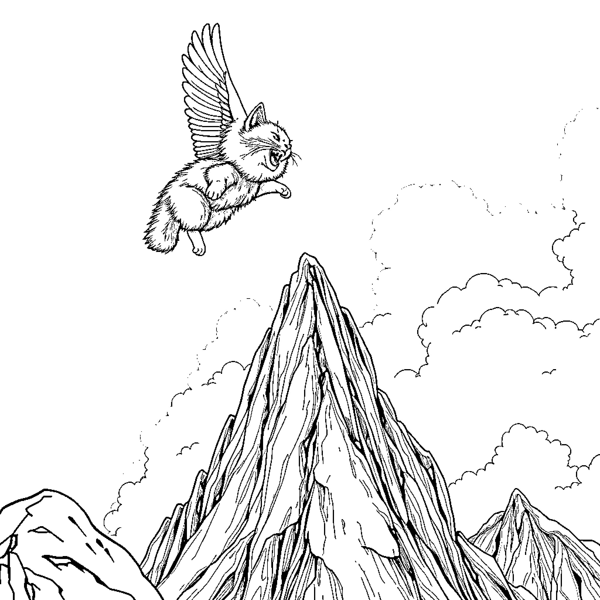 Flying Cat Soaring over Majestic Mountain Peaks Coloring Page (free black-and-white line drawing printable PDF for all, from beginners to advanced learners, including children, teens, adults, and seniors)