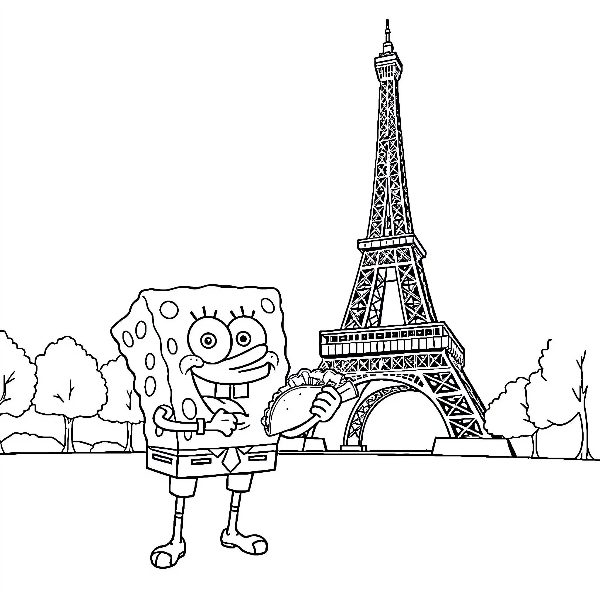 Spongebob's Parisian Adventure at the Eiffel Tower Coloring Page (free black-and-white line drawing printable PDF for all, from beginners to advanced learners, including children, teens, adults, and seniors)