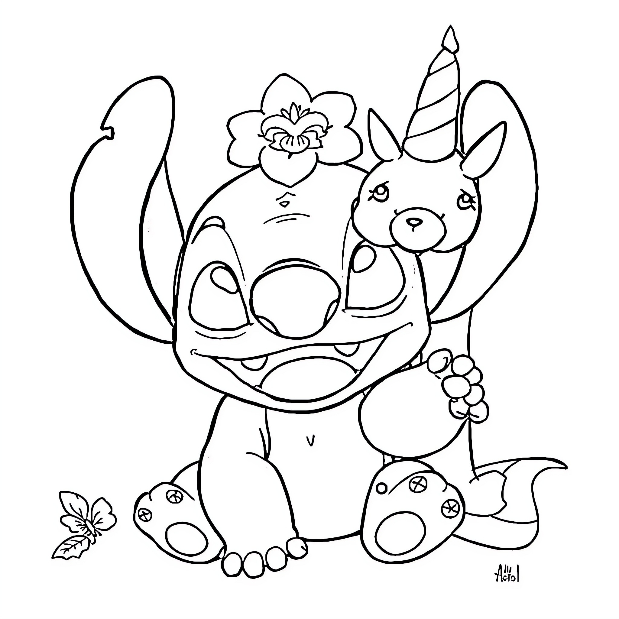 Stitch enjoying a floral crown and friends Coloring Page (free black-and-white line drawing printable PDF for all, from beginners to advanced learners, including children, teens, adults, and seniors)