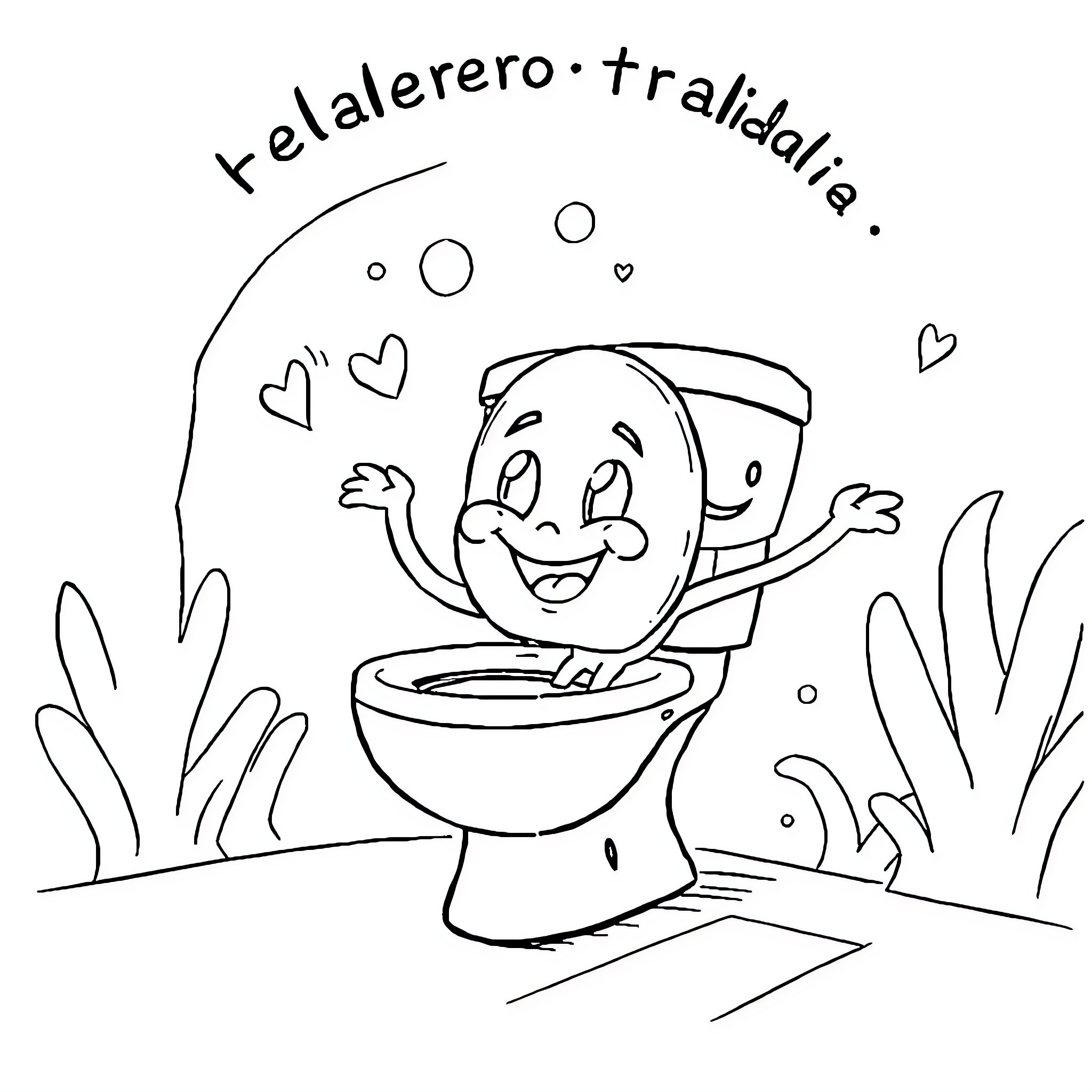 Toilet happy character celebrating Coloring Page (free black-and-white line drawing printable PDF for all, from beginners to advanced learners, including children, teens, adults, and seniors)