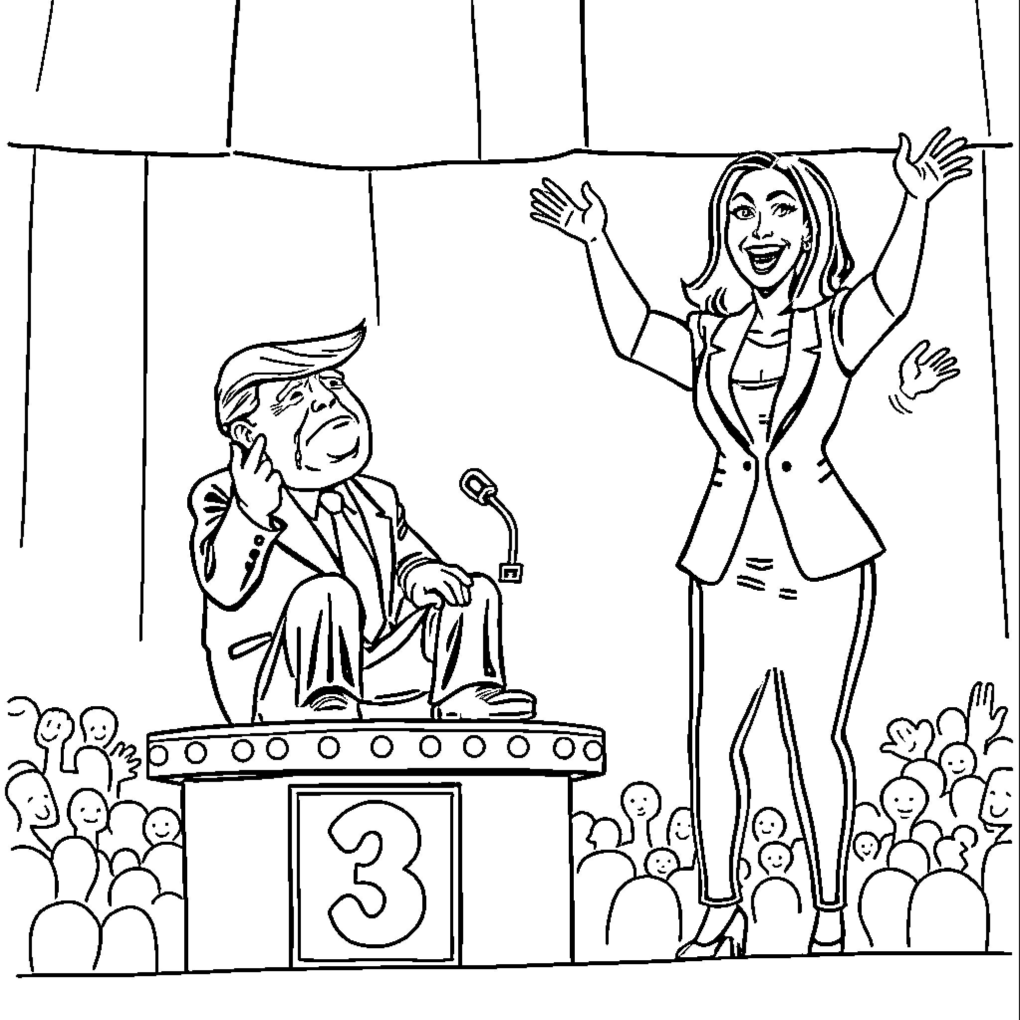 Donald Trump speaking at a rally with an excited supporter Coloring Page (free black-and-white line drawing printable PDF for all, from beginners to advanced learners, including children, teens, adults, and seniors)