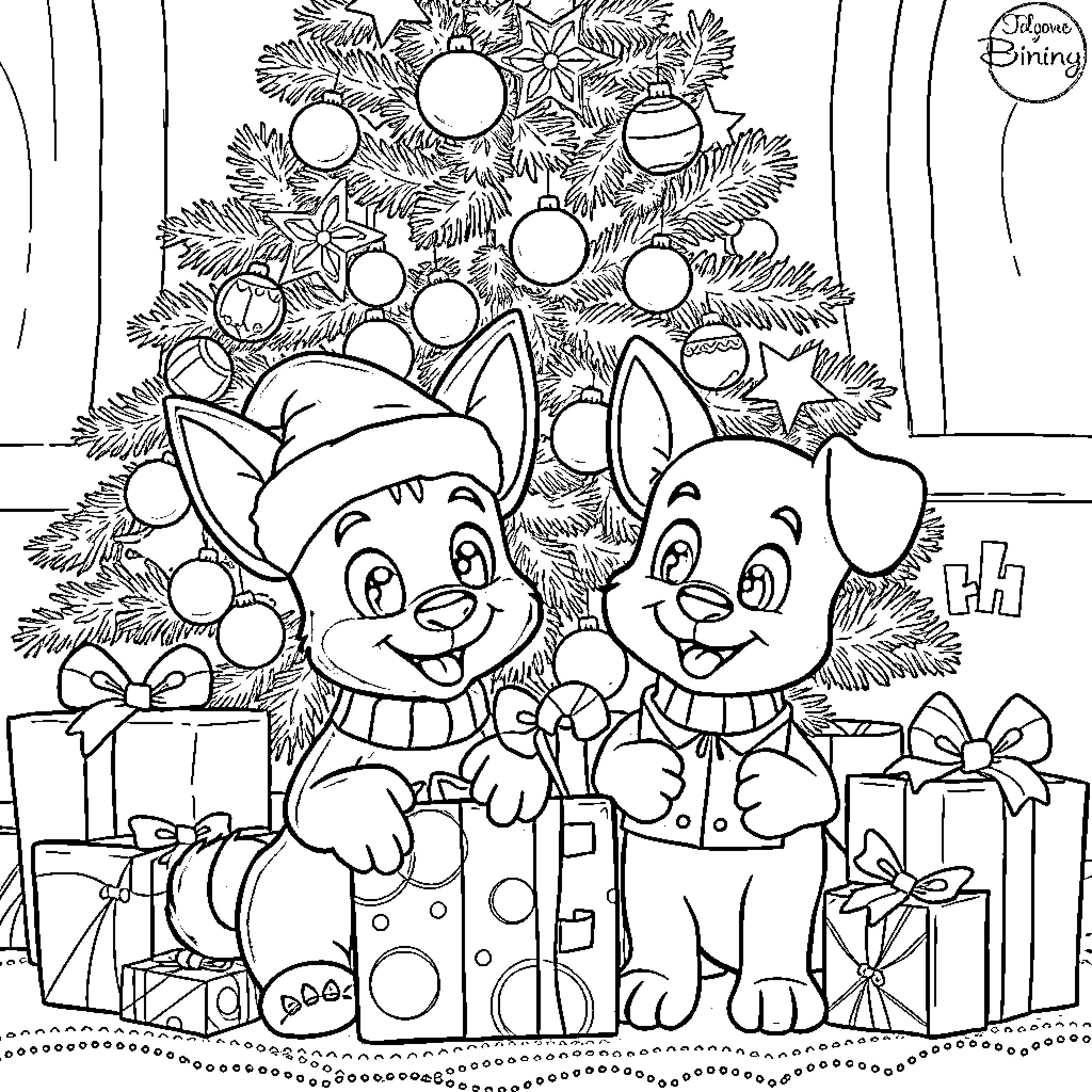 Bluey and Friends Celebrate Christmas with Gifts Coloring Page (free black-and-white line drawing printable PDF for all, from beginners to advanced learners, including children, teens, adults, and seniors)