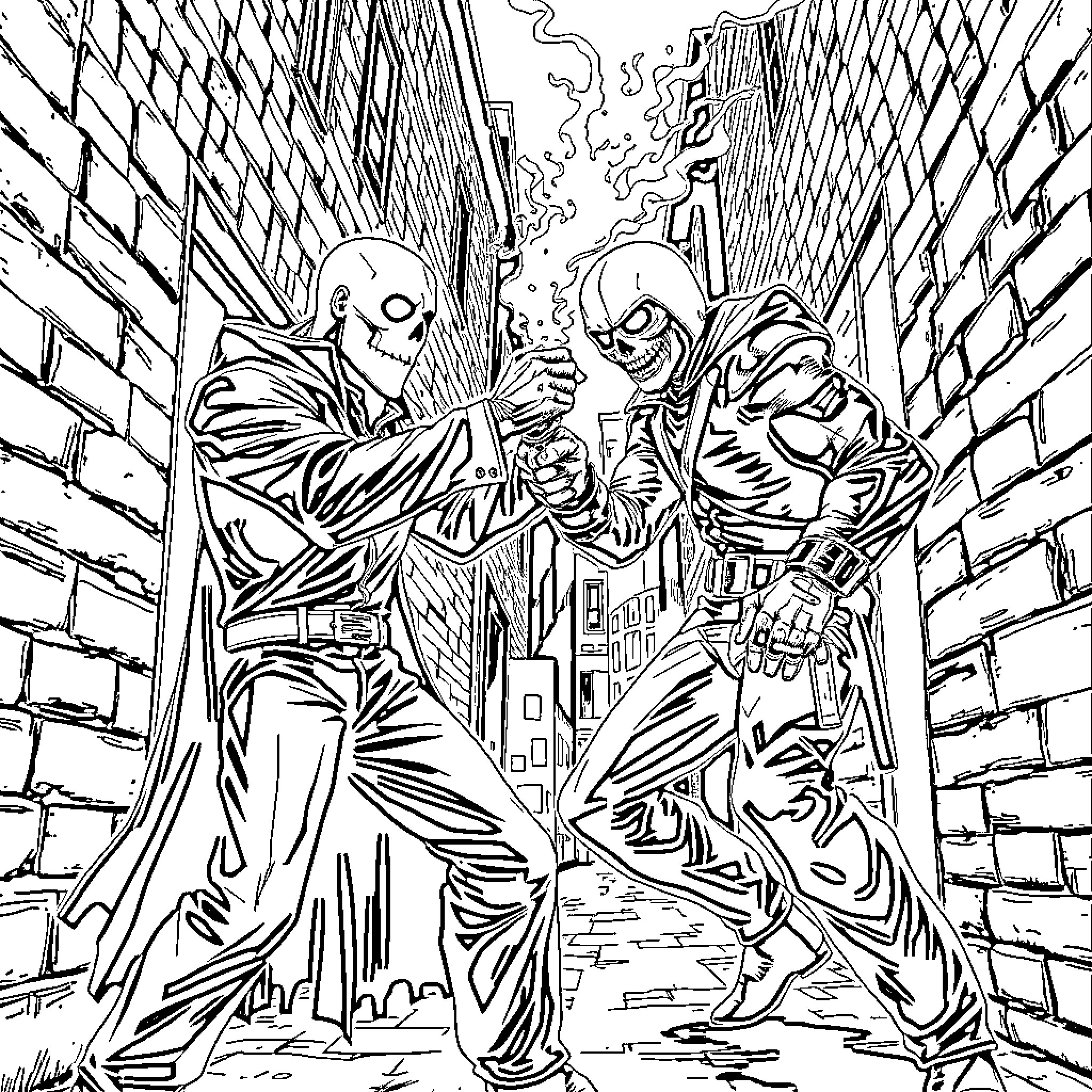 Ghostface characters in intense confrontation Coloring Page (free black-and-white line drawing printable PDF for all, from beginners to advanced learners, including children, teens, adults, and seniors)