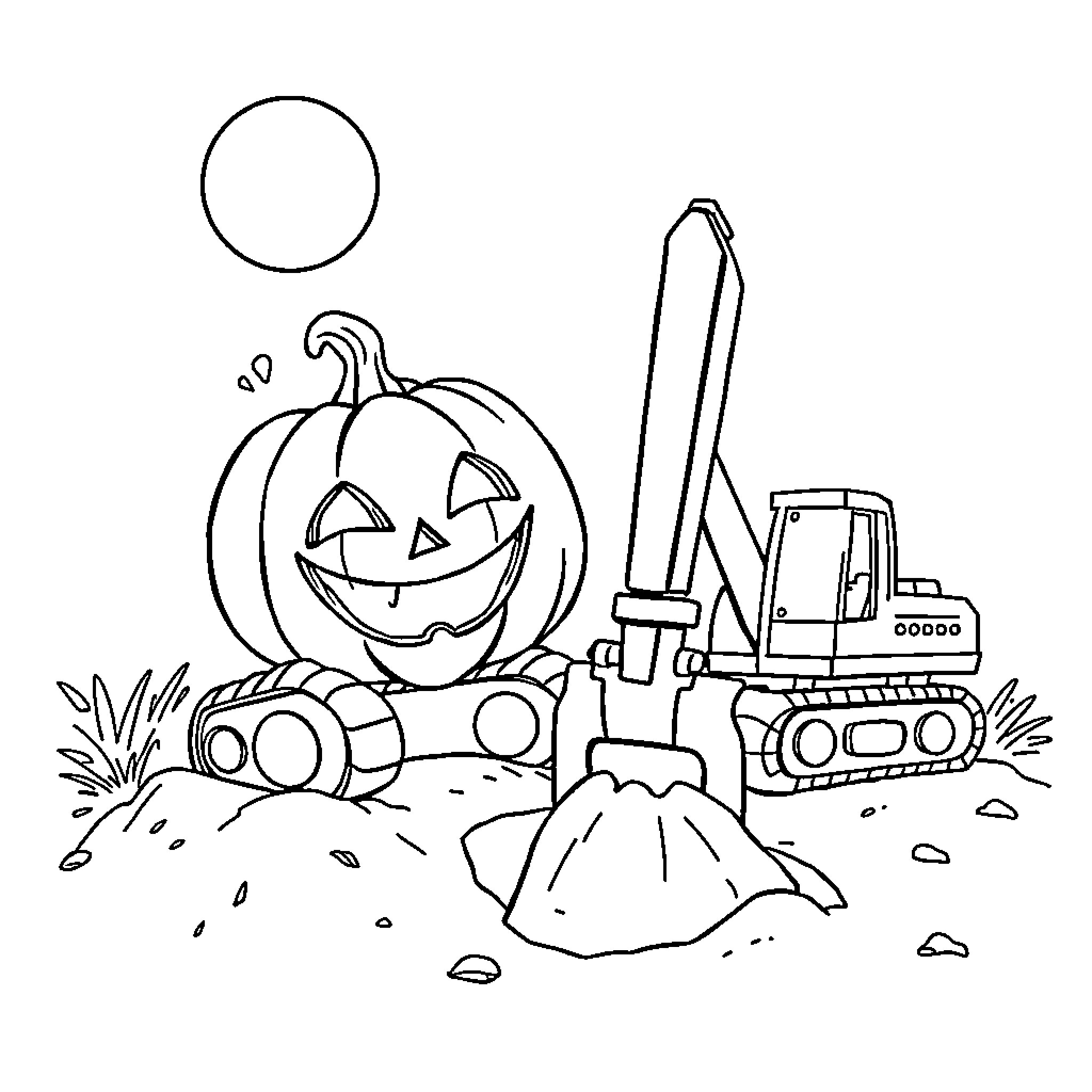 Jack-o'-lantern with construction equipment Coloring Page (free black-and-white line drawing printable PDF for all, from beginners to advanced learners, including children, teens, adults, and seniors)
