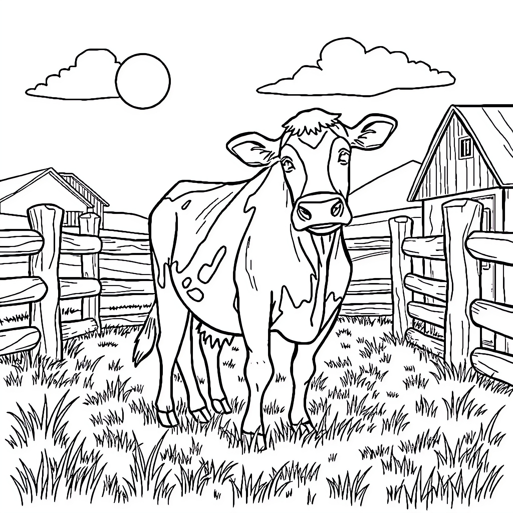 Cow relaxing in a peaceful countryside Coloring Page (free black-and-white line drawing printable PDF for all, from beginners to advanced learners, including children, teens, adults, and seniors)