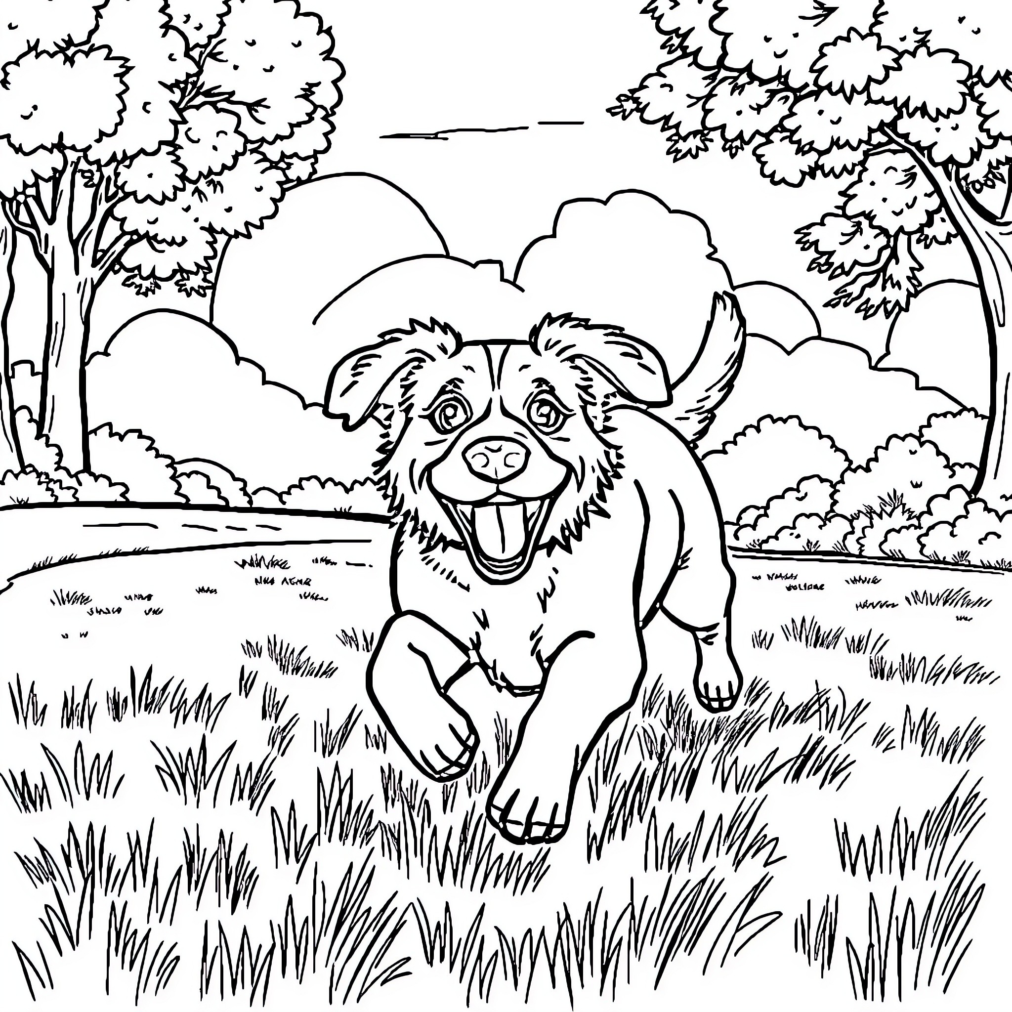 Dog running happily in the park Coloring Page (free black-and-white line drawing printable PDF for all, from beginners to advanced learners, including children, teens, adults, and seniors)
