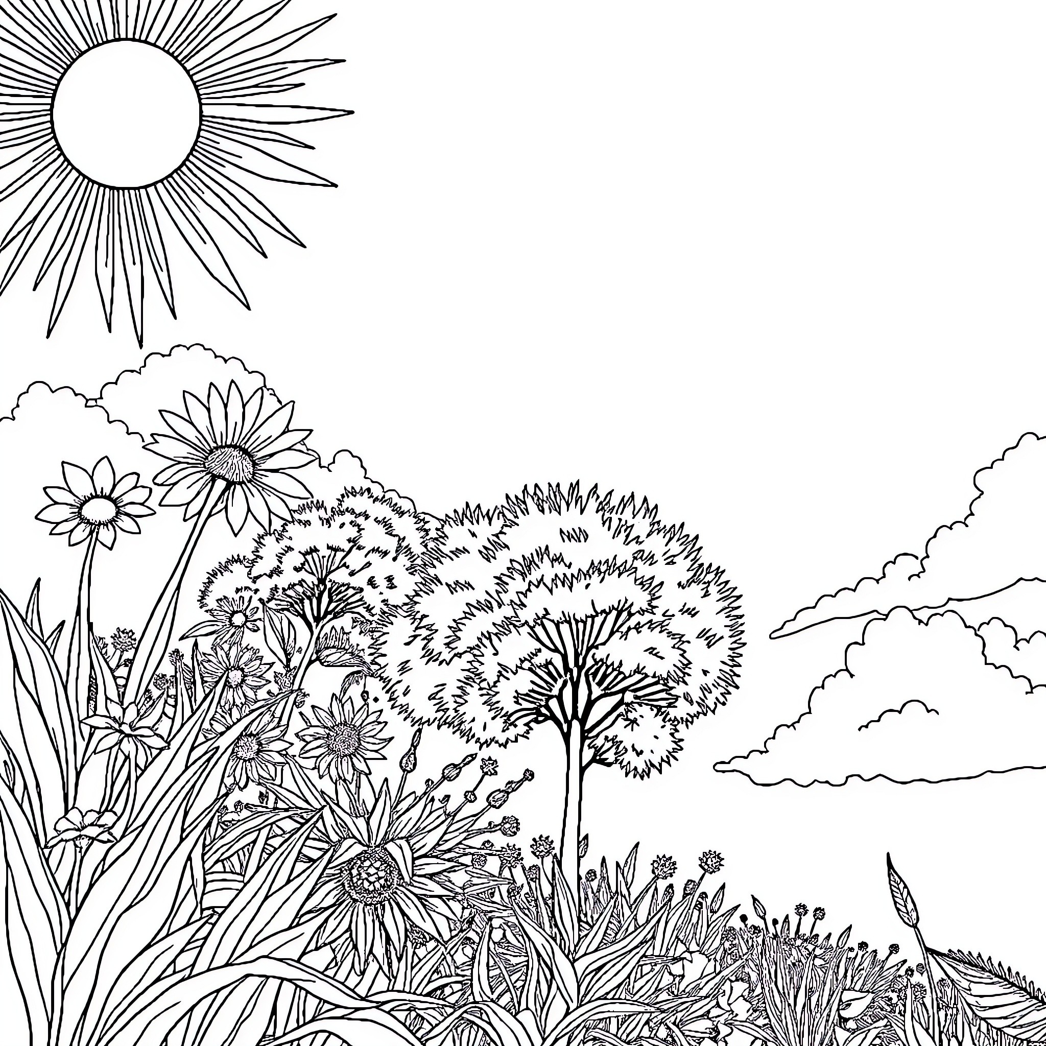 Summer garden scene with sun and flowers Coloring Page (free black-and-white line drawing printable PDF for all, from beginners to advanced learners, including children, teens, adults, and seniors)