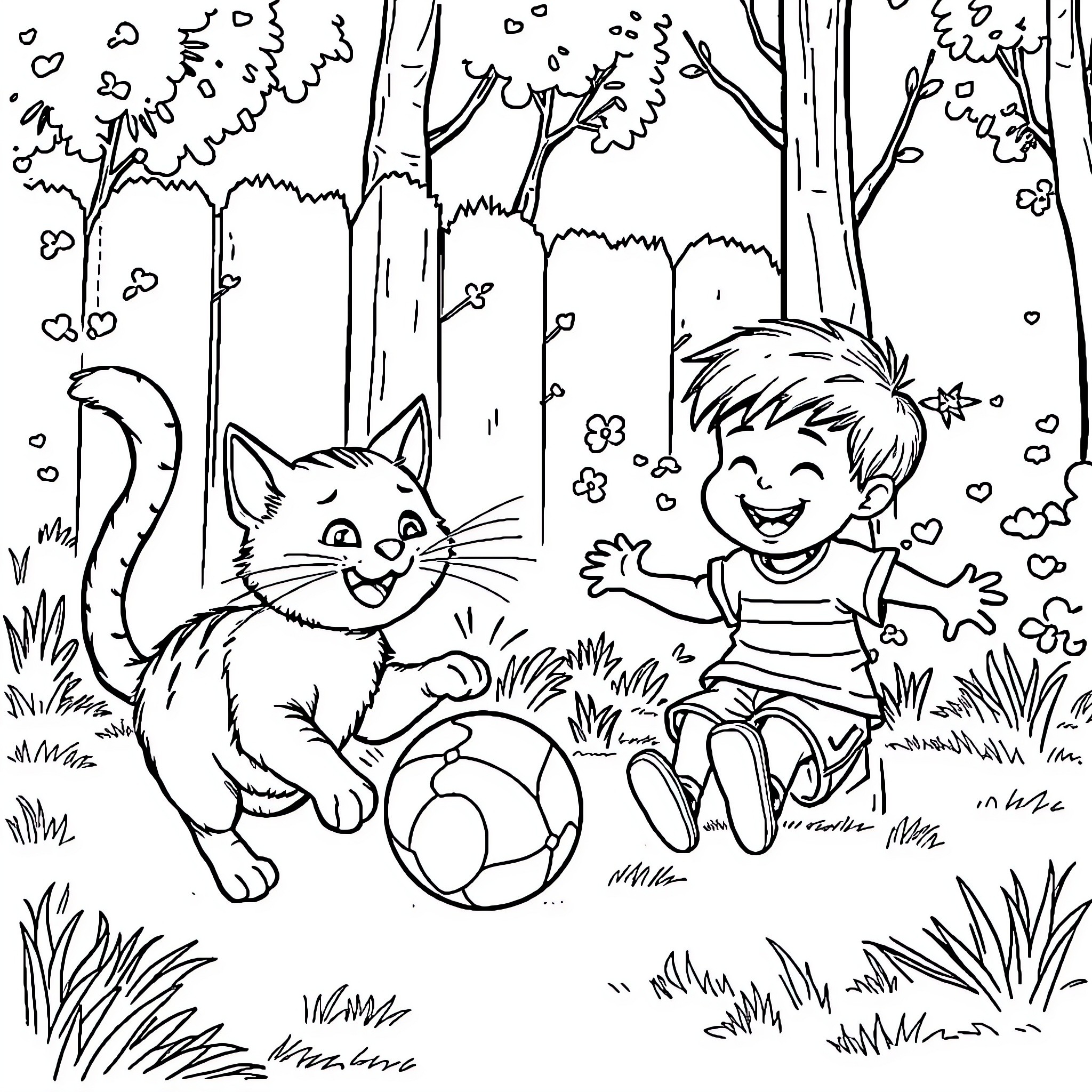 Cat and child playing in the forest Coloring Page (free black-and-white line drawing printable PDF for all, from beginners to advanced learners, including children, teens, adults, and seniors)