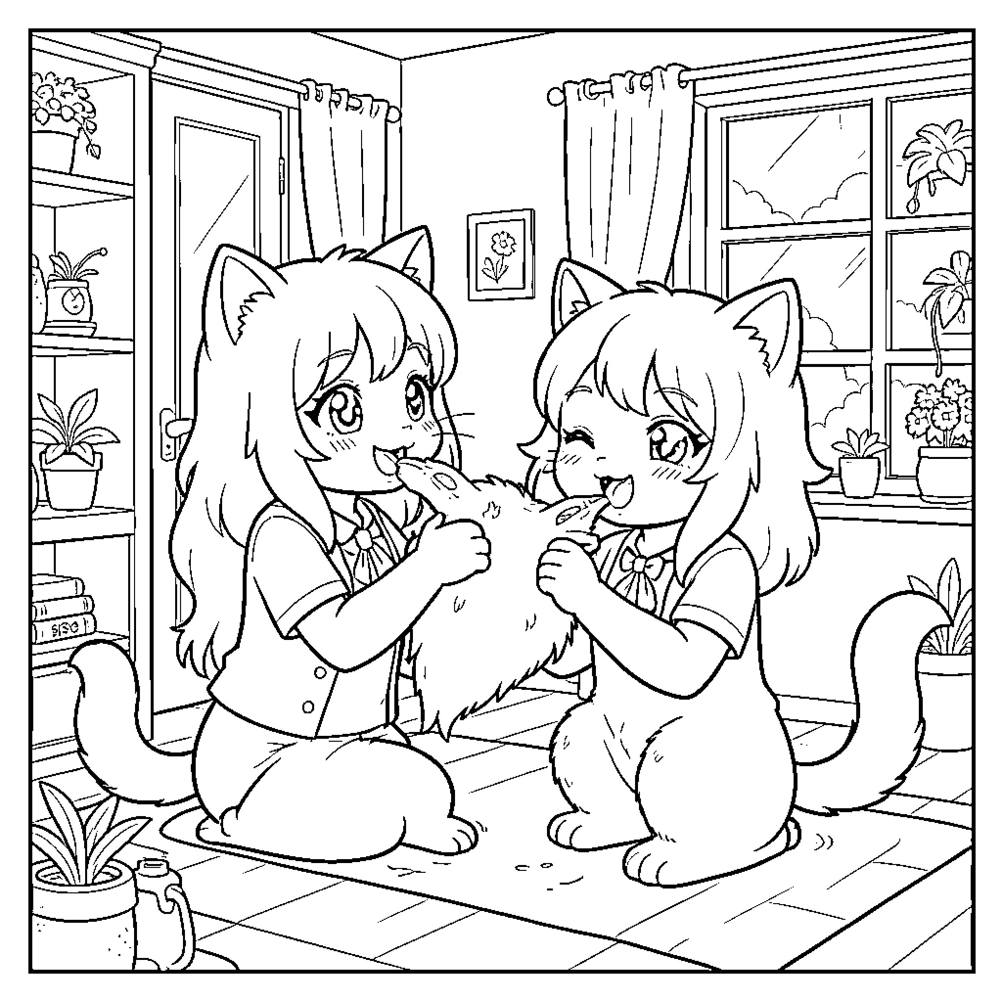 Cat Girl Friends Enjoying Cozy Afternoon Coloring Page (free black-and-white line drawing printable PDF for all, from beginners to advanced learners, including children, teens, adults, and seniors)