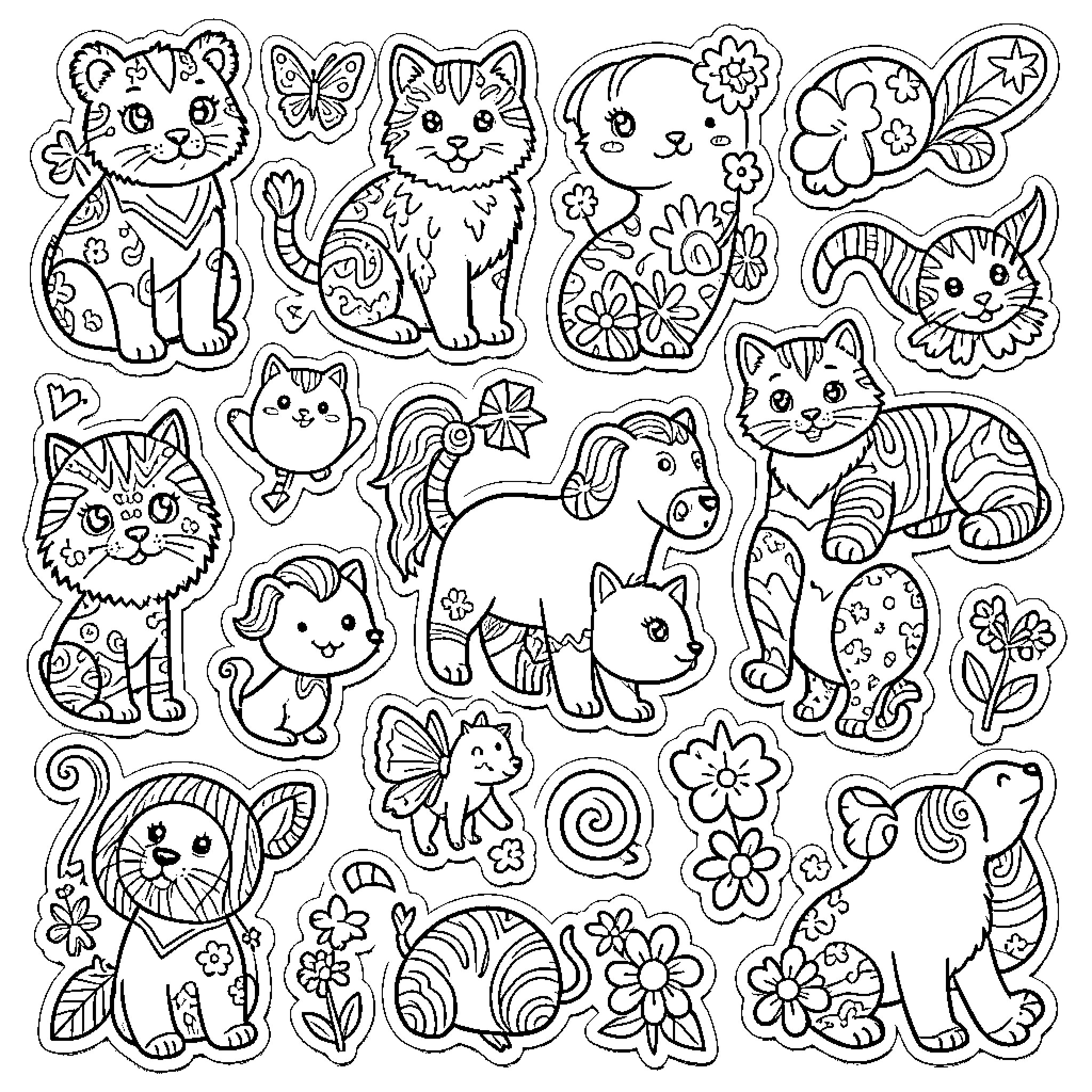 Lisa Frank style collection of various cute animals Coloring Page (free black-and-white line drawing printable PDF for all, from beginners to advanced learners, including children, teens, adults, and seniors)