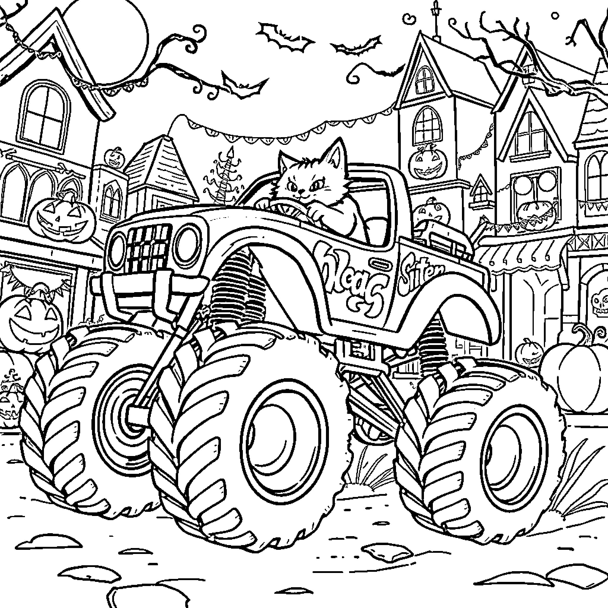 Cat driving a monster truck through a spooky neighborhood Coloring Page (free black-and-white line drawing printable PDF for all, from beginners to advanced learners, including children, teens, adults, and seniors)