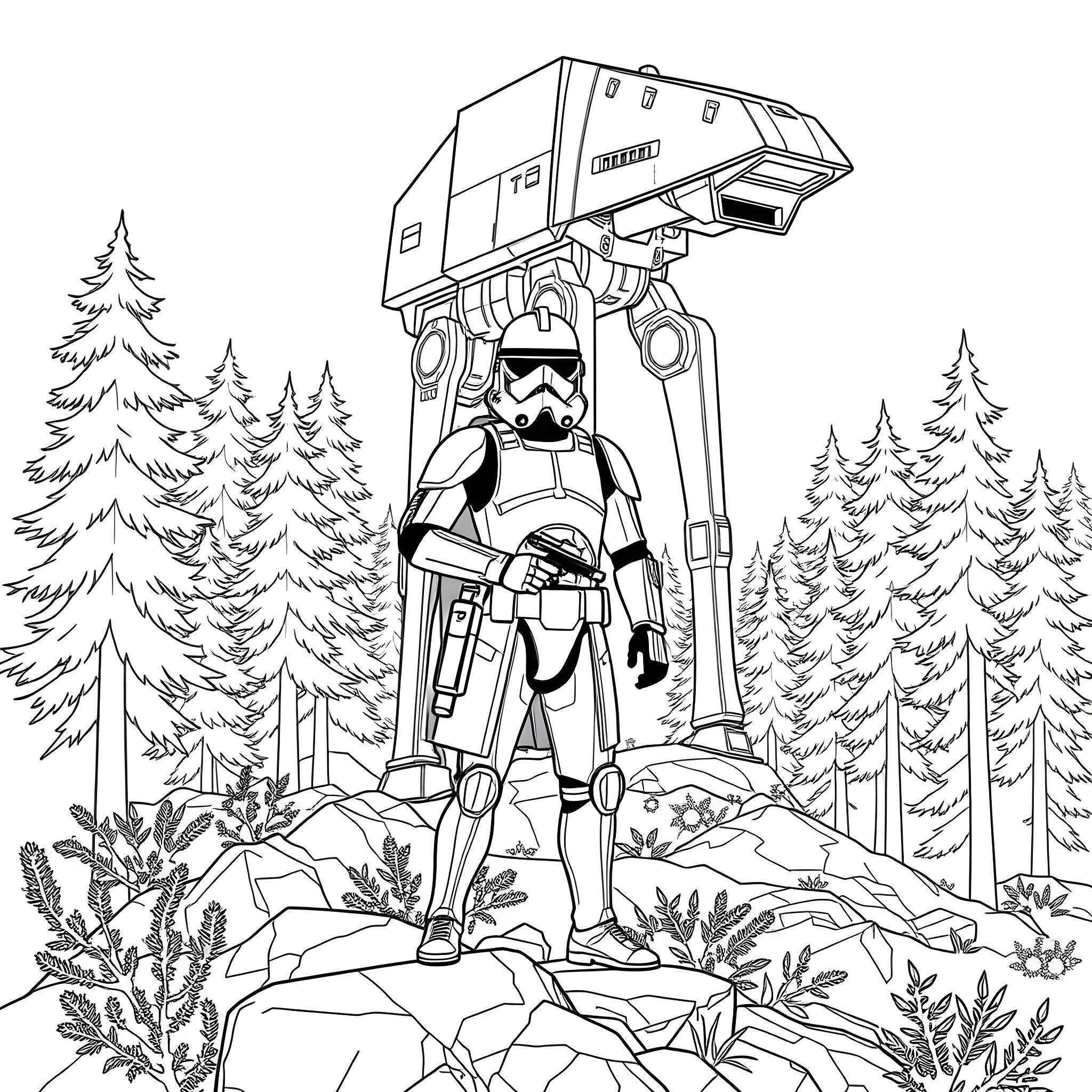 Clone Scout Trooper on a forest patrol Coloring Page (free black-and-white line drawing printable PDF for all, from beginners to advanced learners, including children, teens, adults, and seniors)