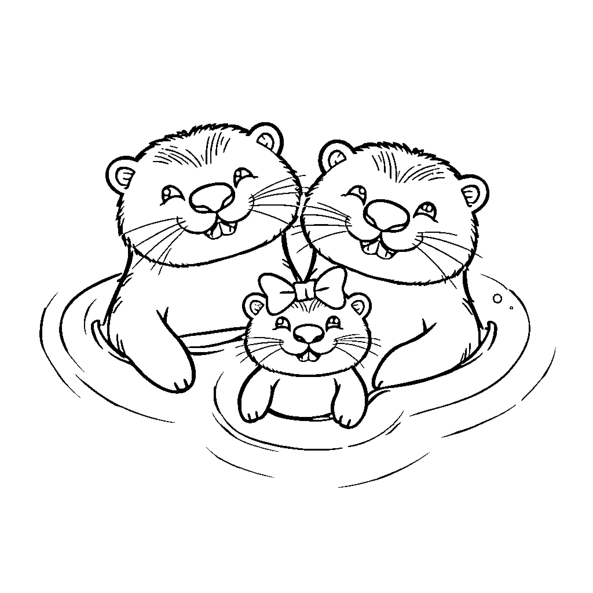 Otter family cuddling affectionately Coloring Page (free black-and-white line drawing printable PDF for all, from beginners to advanced learners, including children, teens, adults, and seniors)