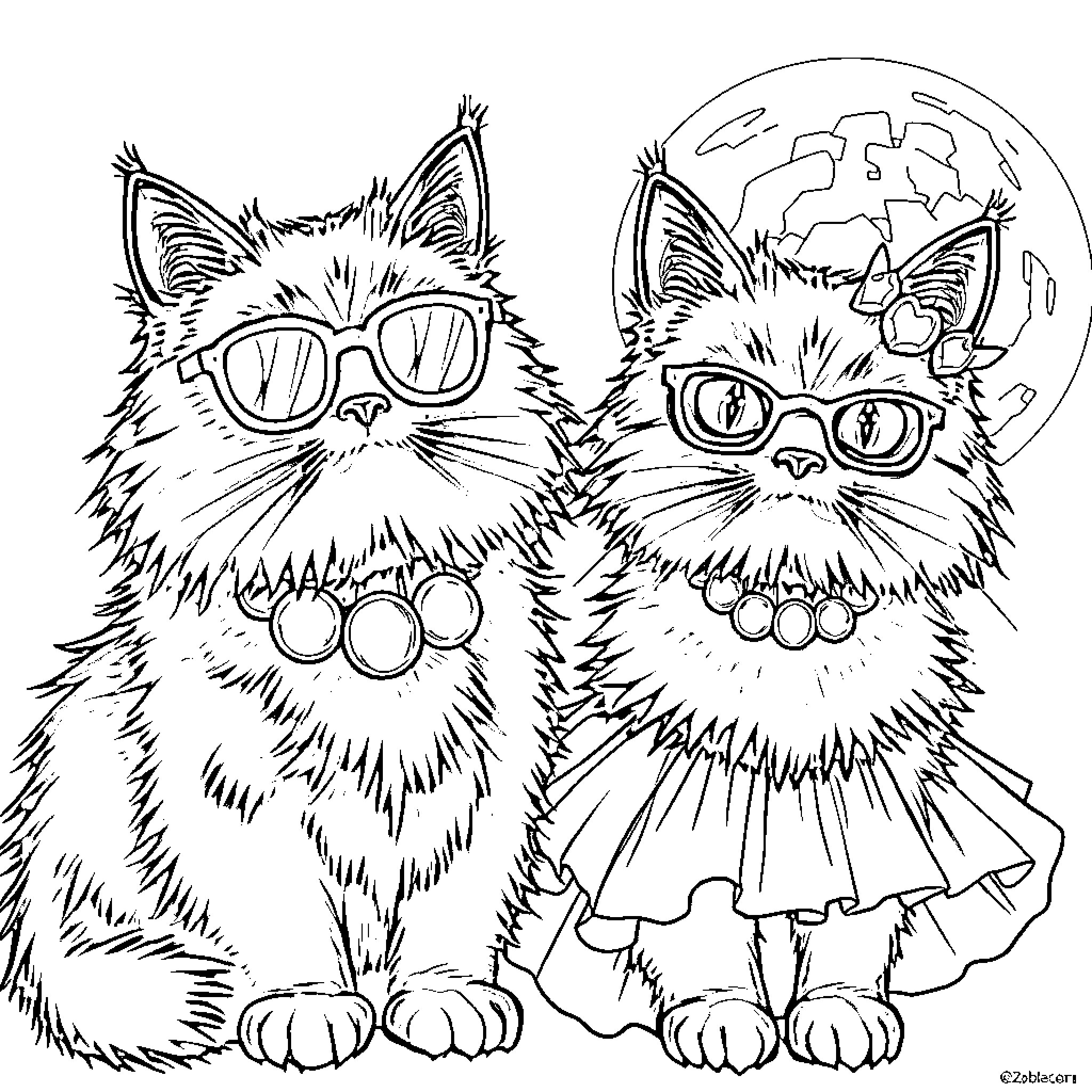 Kitty cats wearing stylish eyewear under the moonlight Coloring Page (free black-and-white line drawing printable PDF for all, from beginners to advanced learners, including children, teens, adults, and seniors)