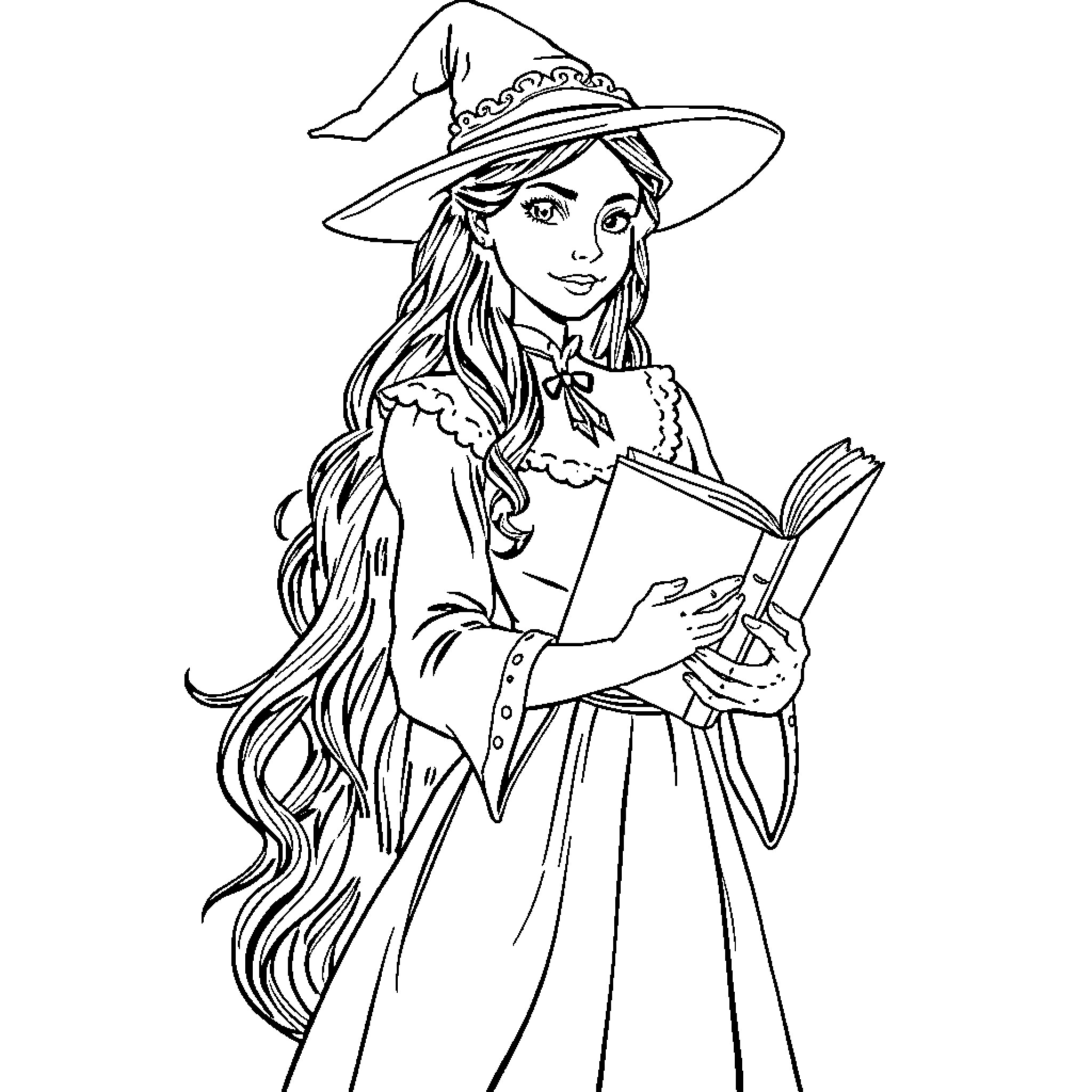 Winifred Sanderson reading a book in her witch costume Coloring Page (free black-and-white line drawing printable PDF for all, from beginners to advanced learners, including children, teens, adults, and seniors)