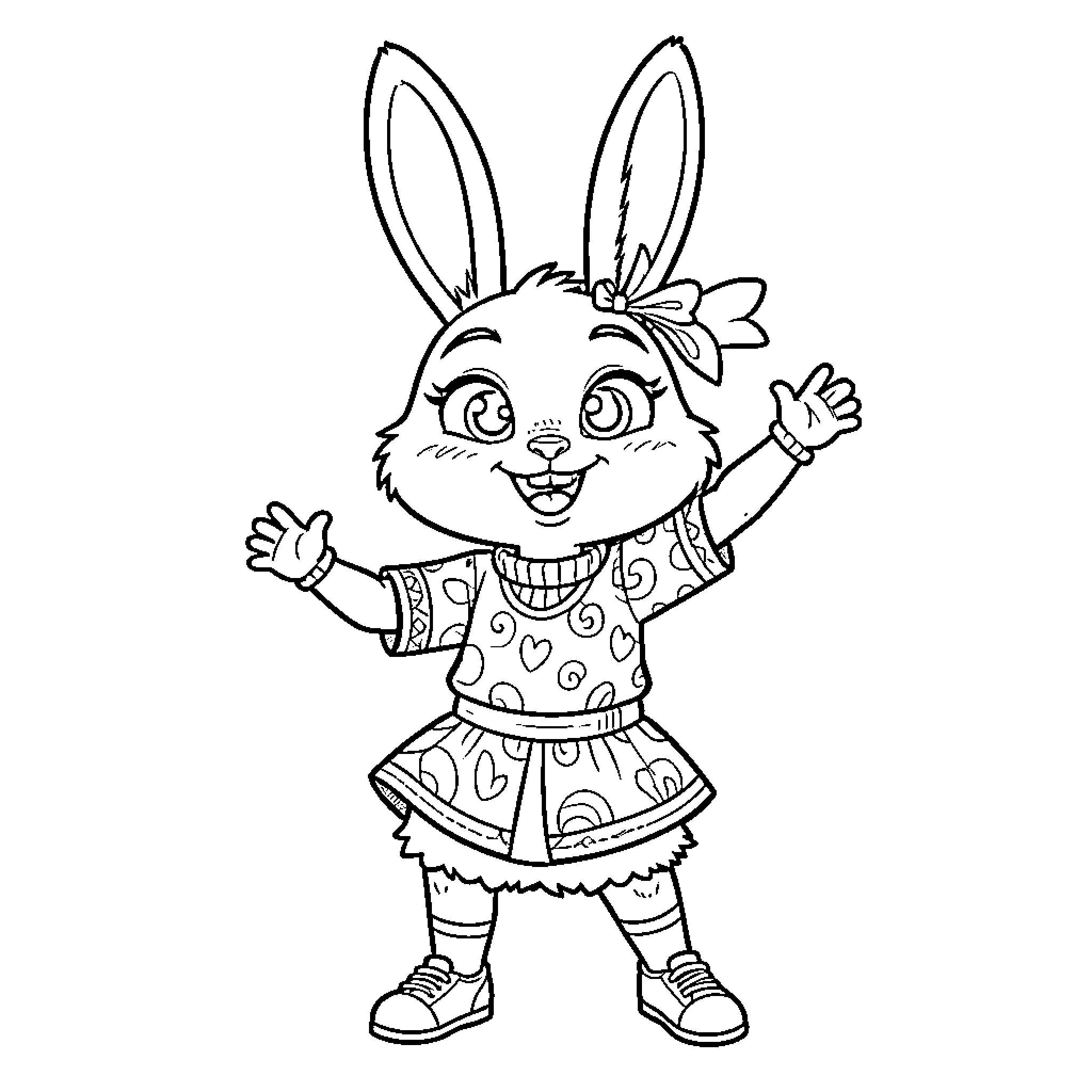 Zootopia Bunny excited and waving arms Coloring Page (free black-and-white line drawing printable PDF for all, from beginners to advanced learners, including children, teens, adults, and seniors)