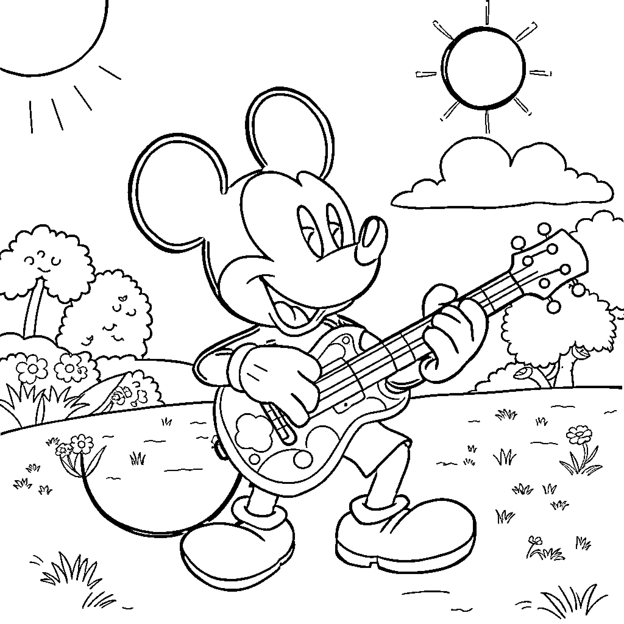 Mickey Mouse playing guitar in nature Coloring Page (free black-and-white line drawing printable PDF for all, from beginners to advanced learners, including children, teens, adults, and seniors)
