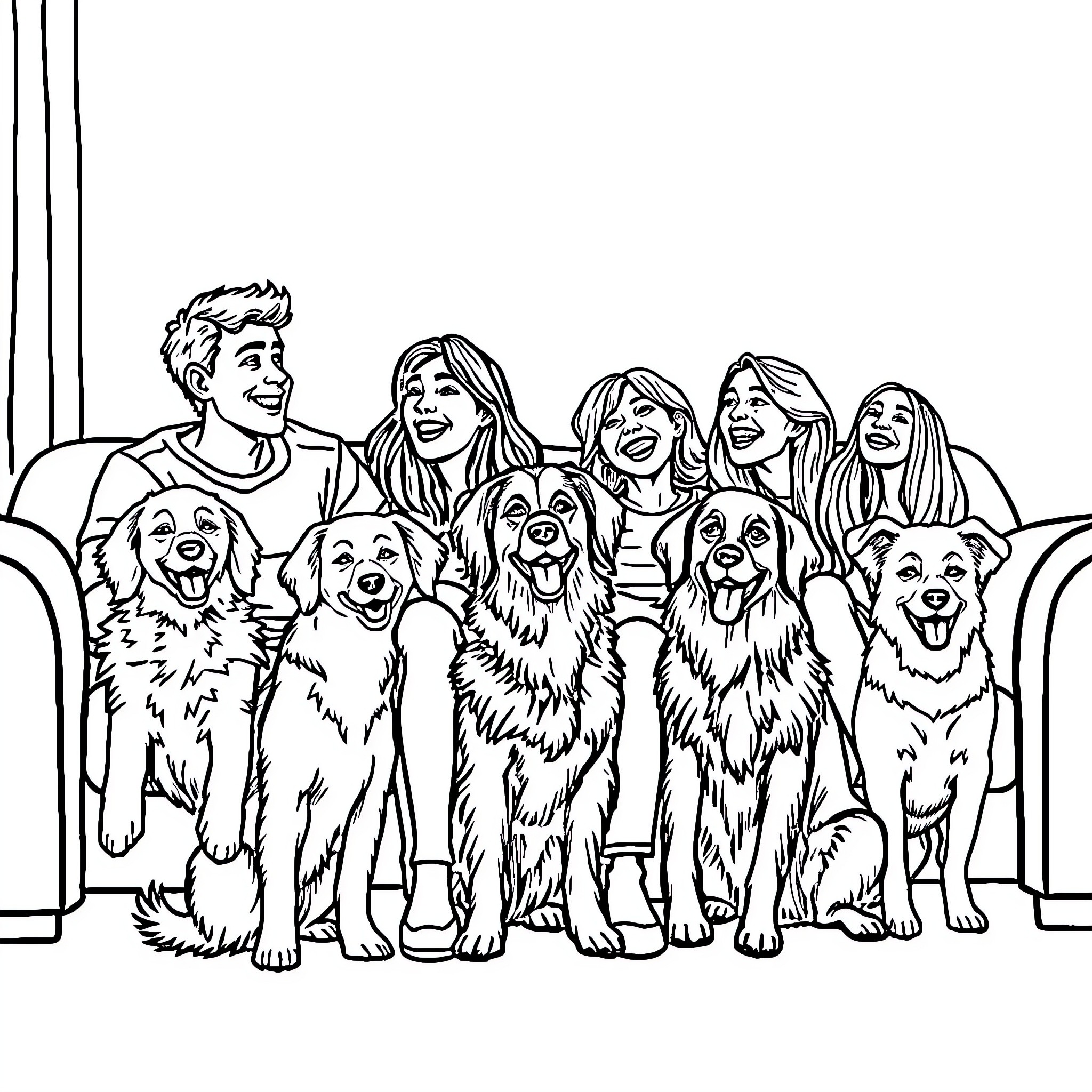 Dog family posing happily with their human companions Coloring Page (free black-and-white line drawing printable PDF for all, from beginners to advanced learners, including children, teens, adults, and seniors)