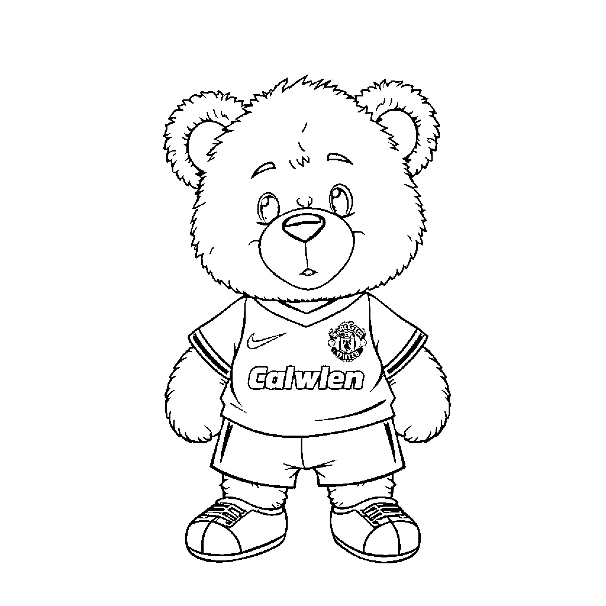 Teddy Bear wearing soccer jersey Coloring Page (free black-and-white line drawing printable PDF for all, from beginners to advanced learners, including children, teens, adults, and seniors)