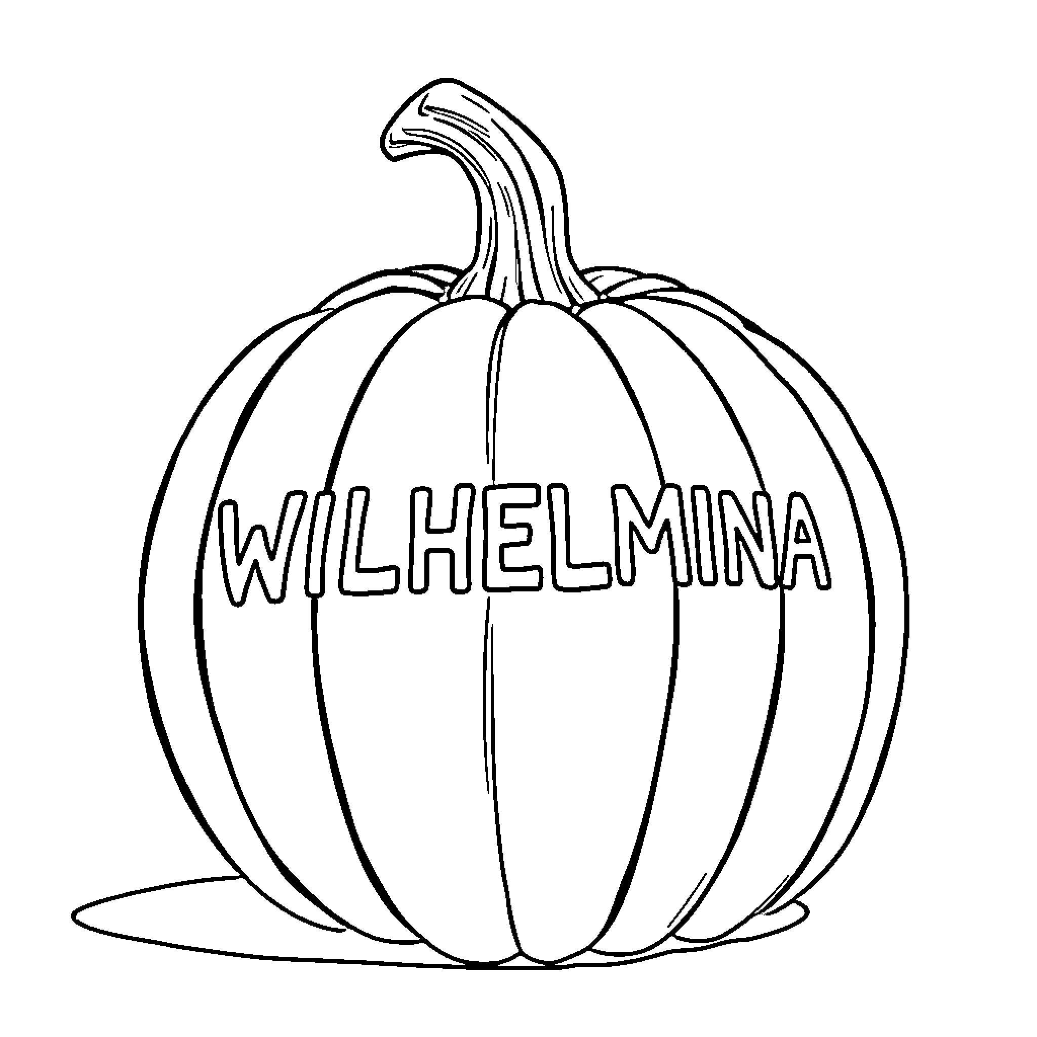 Pumpkin with name Wilhelmina carved on it Coloring Page (free black-and-white line drawing printable PDF for all, from beginners to advanced learners, including children, teens, adults, and seniors)