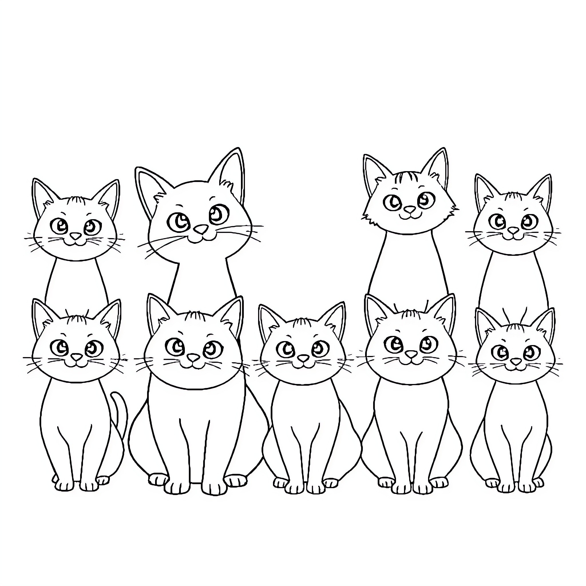 Cat cartoon characters sitting together Coloring Page (free black-and-white line drawing printable PDF for all, from beginners to advanced learners, including children, teens, adults, and seniors)