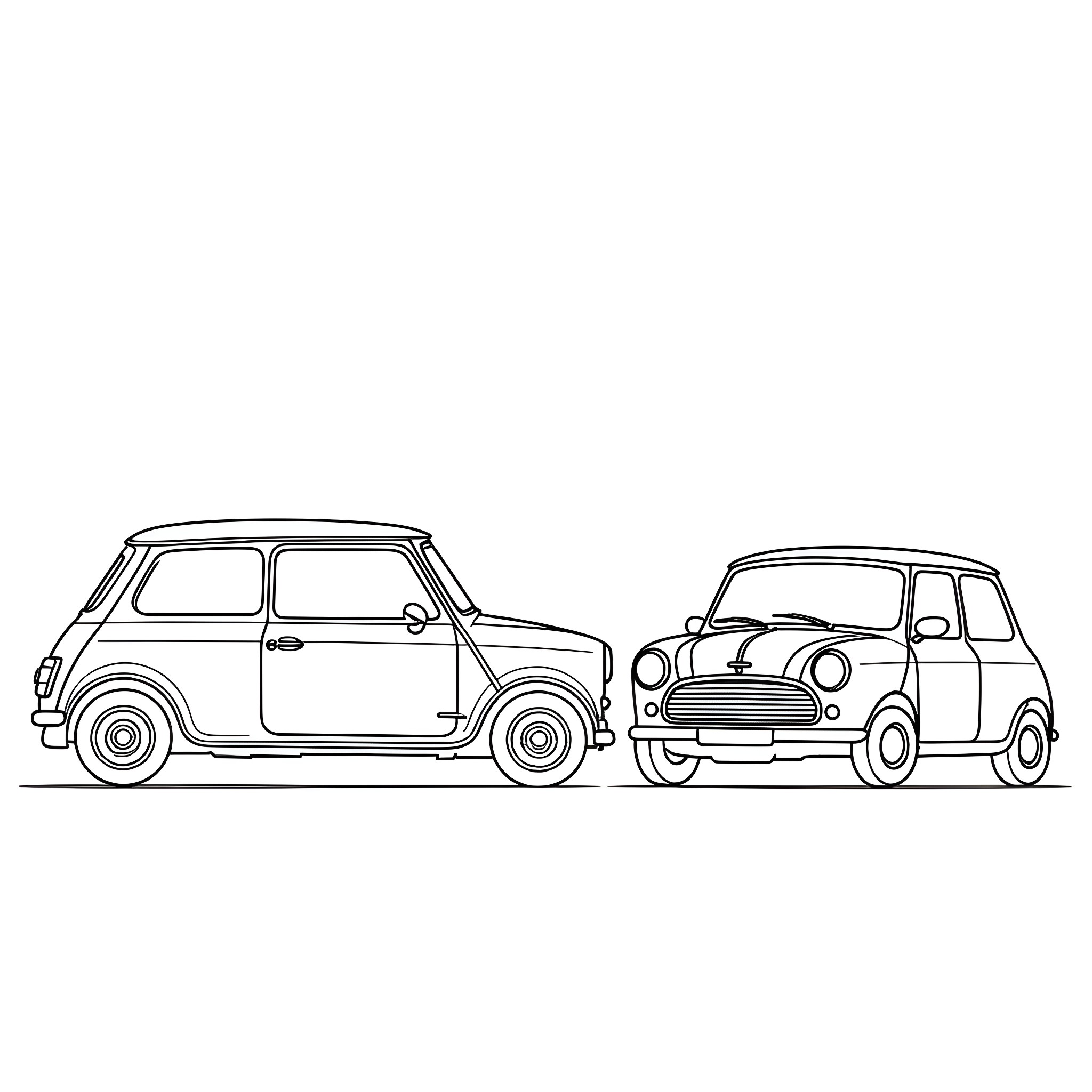 Mini Classic Cars in Black and White Coloring Page (free black-and-white line drawing printable PDF for all, from beginners to advanced learners, including children, teens, adults, and seniors)