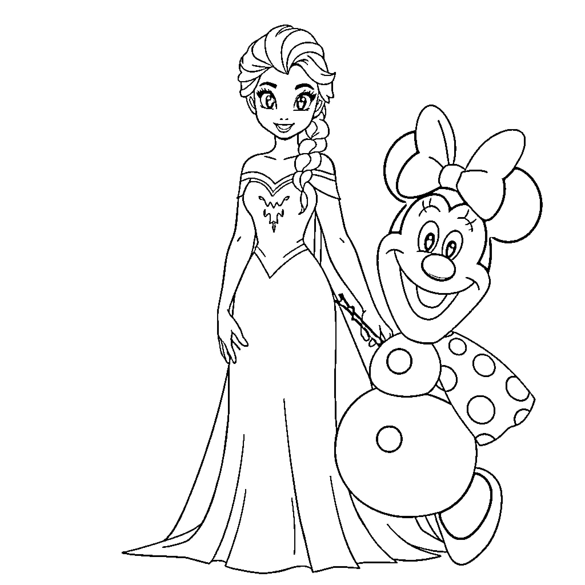 Elsa and Minnie Mouse enjoying a friendly gathering Coloring Page (free black-and-white line drawing printable PDF for all, from beginners to advanced learners, including children, teens, adults, and seniors)