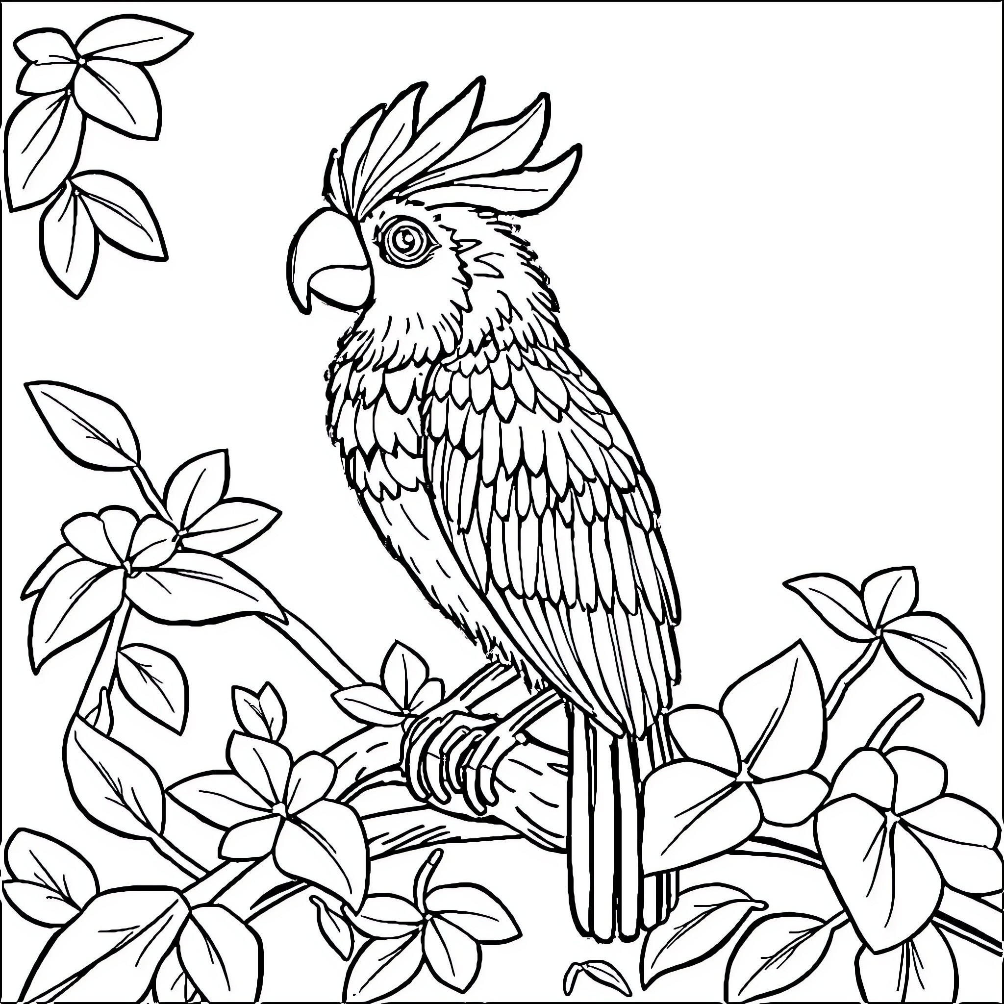 Animal sitting on tree branch surrounded by flowers Coloring Page (free black-and-white line drawing printable PDF for all, from beginners to advanced learners, including children, teens, adults, and seniors)