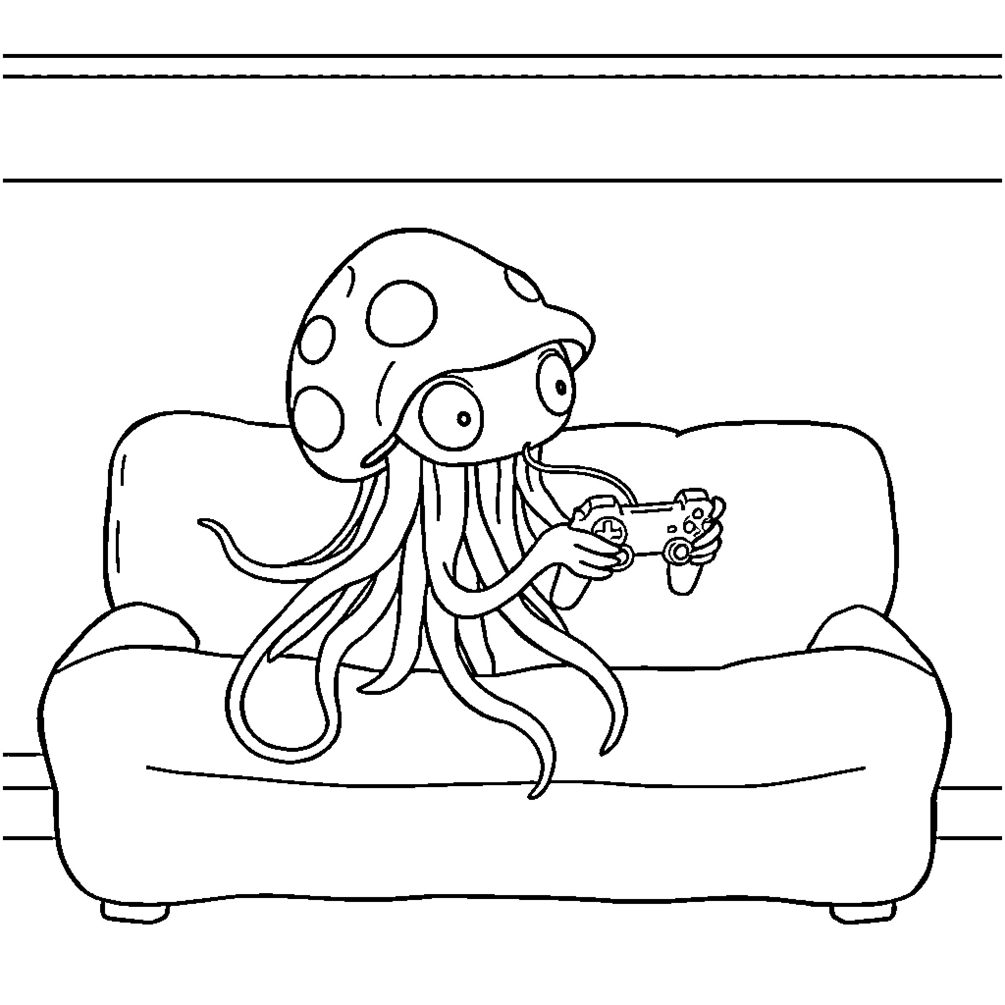 Jellyfish playing video games on the couch Coloring Page (free black-and-white line drawing printable PDF for all, from beginners to advanced learners, including children, teens, adults, and seniors)