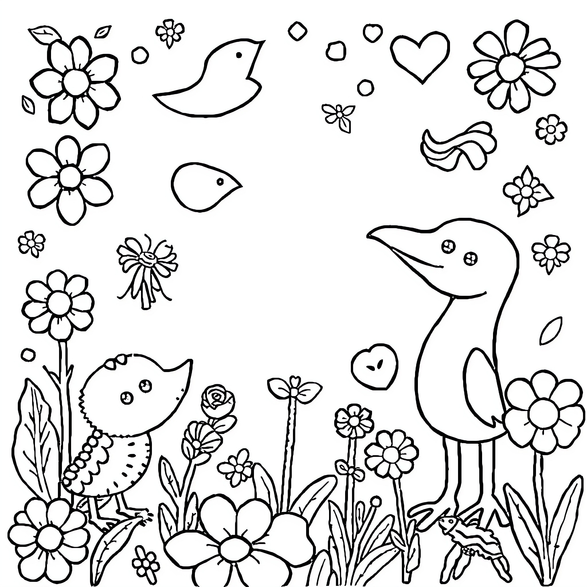 Drawing of whimsical birds and flowers Coloring Page (free black-and-white line drawing printable PDF for all, from beginners to advanced learners, including children, teens, adults, and seniors)