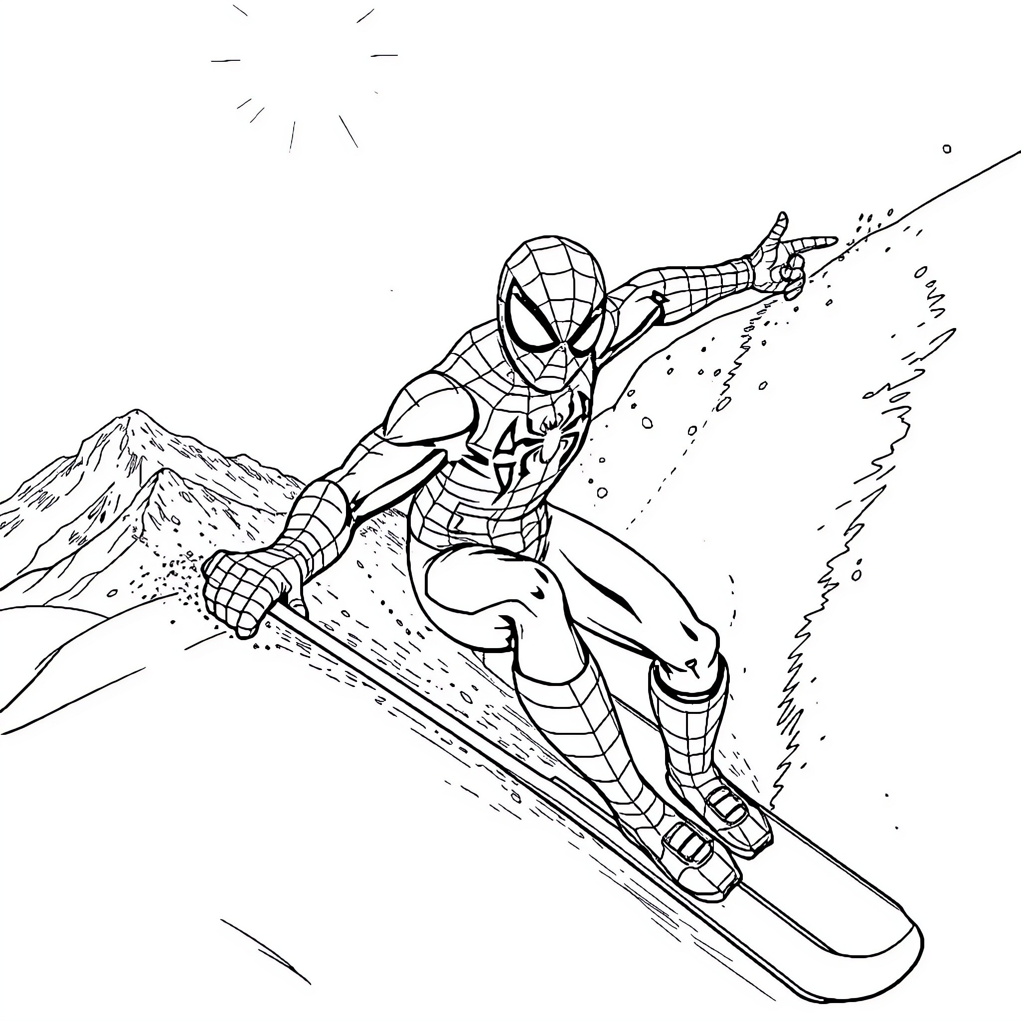 Spider-Man snowboarding down the slopes Coloring Page (free black-and-white line drawing printable PDF for all, from beginners to advanced learners, including children, teens, adults, and seniors)
